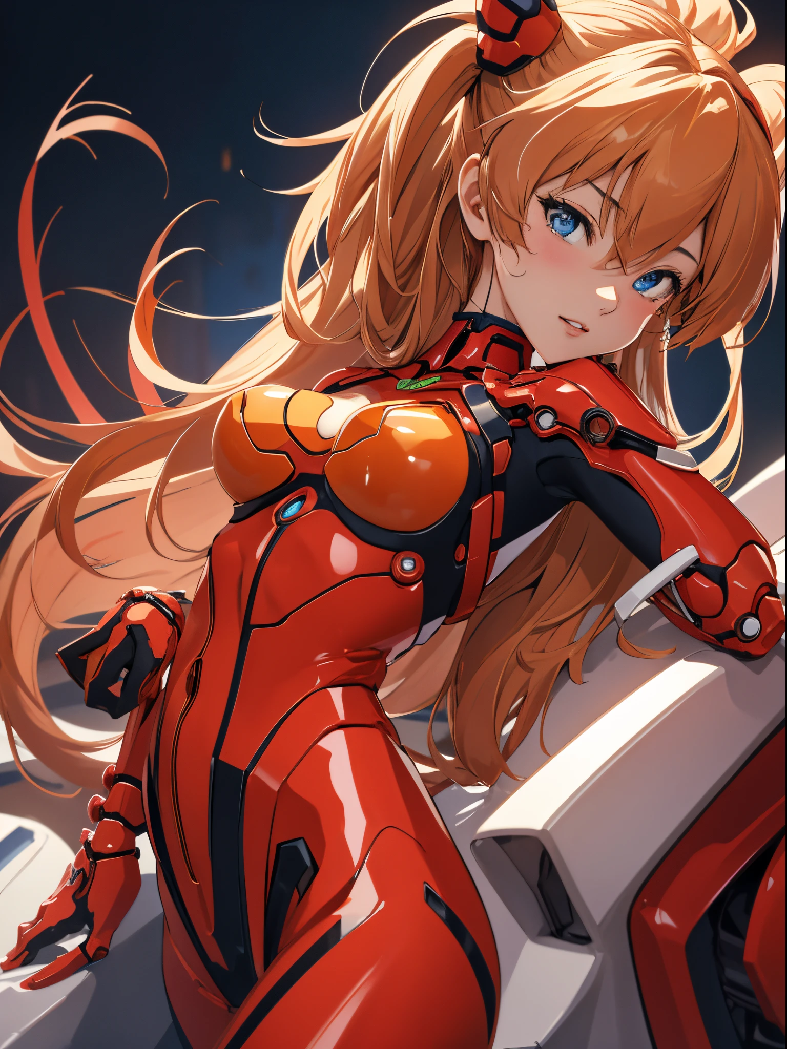 (biomechanical oppai, , Seductive girl,)、Souryu Asuka Langley, (masutepiece, Best Quality, Detailed), 1girl in, Solo, 双臂在头后, Cowboy Shot, Interface headset, Red bodysuit, Simple background、Woman in seductive pose、