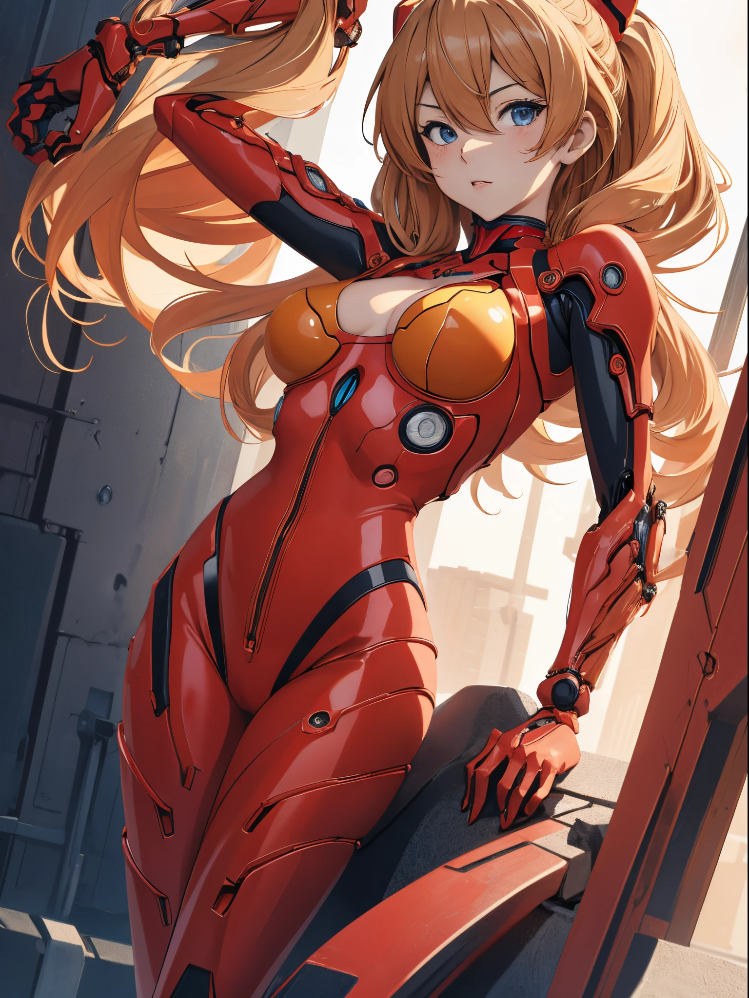 (biomechanical oppai, , Seductive girl,)、Souryu Asuka Langley, (masutepiece, Best Quality, Detailed), 1girl in, Solo, 双臂在头后, Cowboy Shot, Interface headset, Red bodysuit, Simple background、Woman in seductive pose、