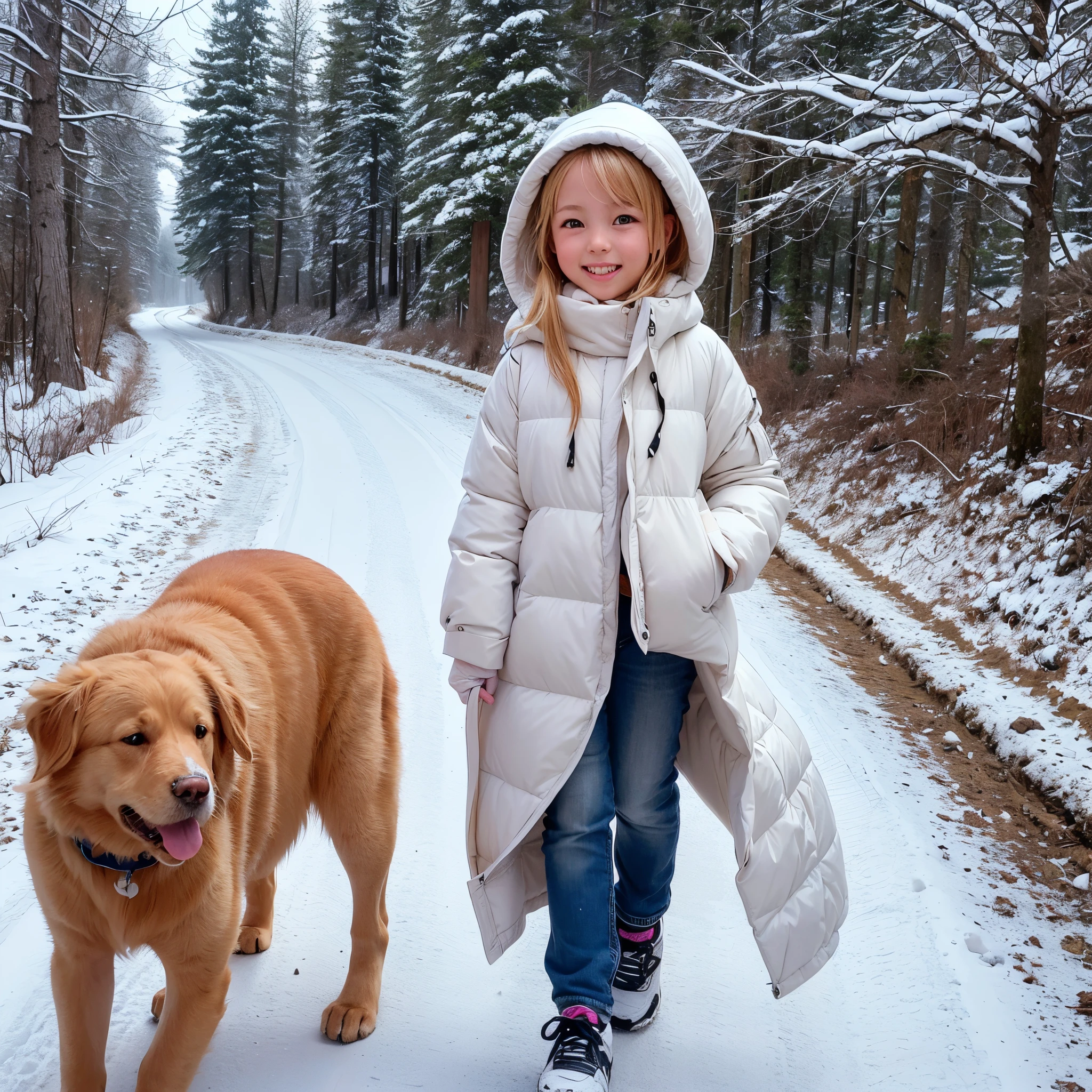 , Clear facial features, Happy and a golden retriever, Walk on mountain trails, There was snow on the road.