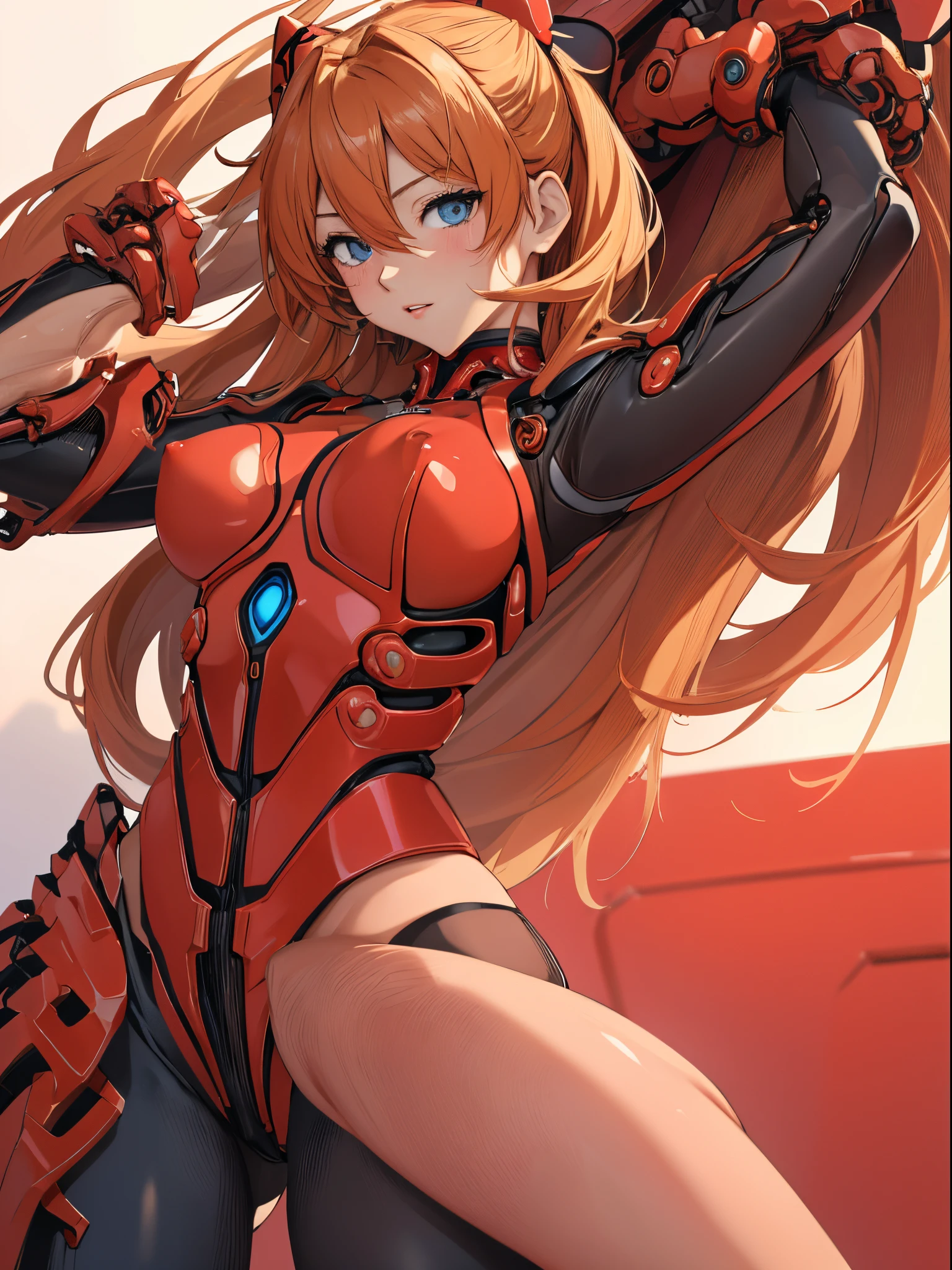 NSFW、(biomechanical oppai, , Seductive girl,)、Souryu Asuka Langley, (masutepiece, Best Quality, Detailed), 1girl in, Solo, 双臂在头后, Cowboy Shot, Interface headset, Red bodysuit, Simple background、Woman in seductive pose、