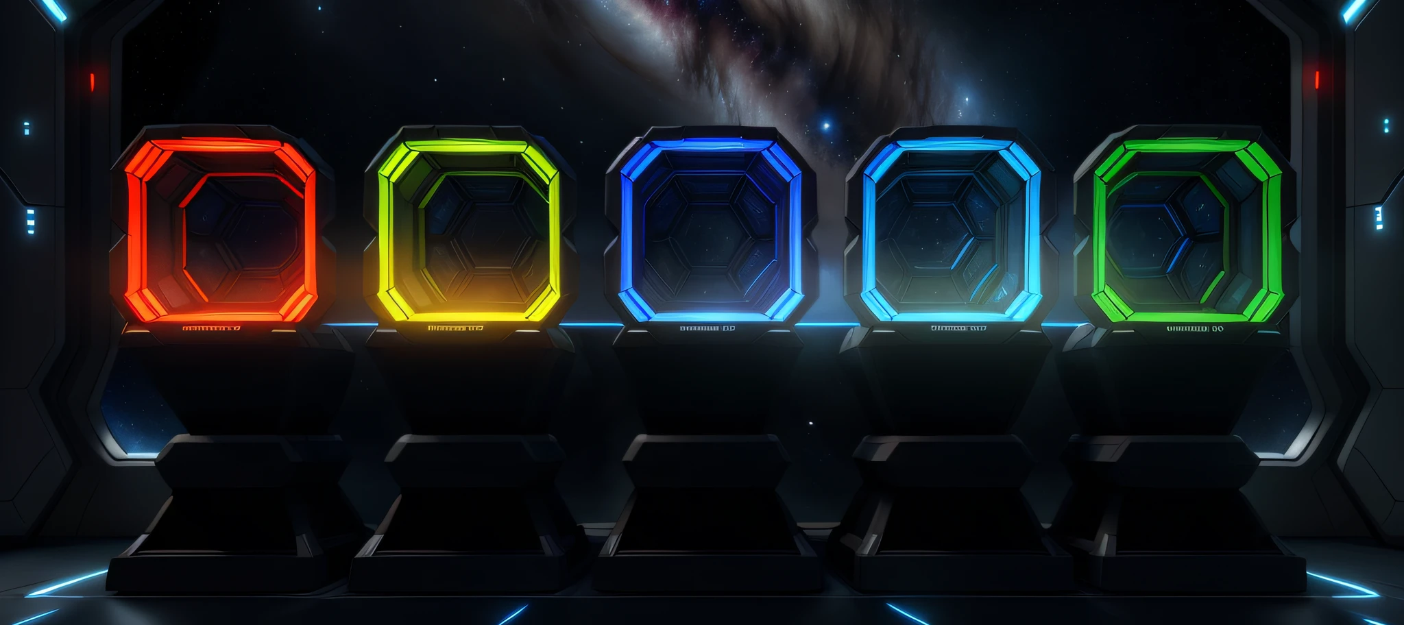 Futuristic spaceship interior, big glass window,There is a platform,There are five hexagonal boxes,Five mechanical boxes,Machine-like precision,futuristic visual style,Dark reflection,Vision is the universe,Starry Sky Universe,hexagonal container,Hexagon gift box,Hexagonal mecha box,Mecha box,8k high detail concept art,mass effect concept art, futuristic base, Sci-fi space 3D rendering