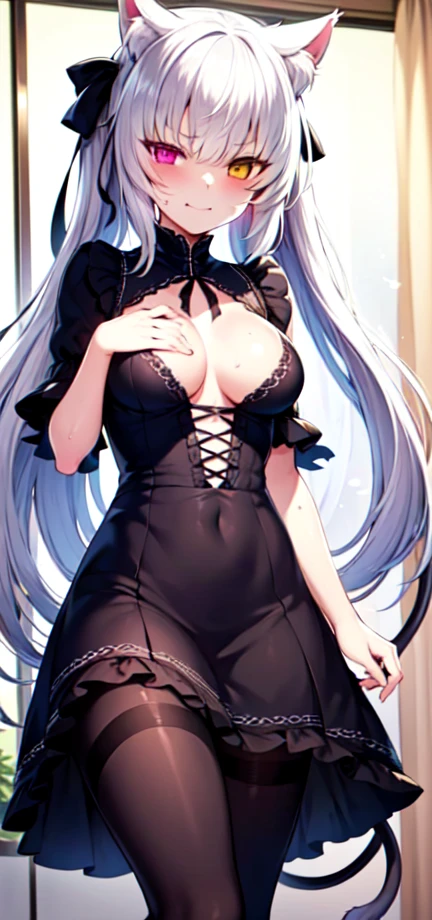 masterpiece, best quality, high resolution, 1girl, solo, (((beautiful body))), Perfect hands, gorgeous, long hair, white hair, ((heterochromia)), right red eye, left yellow eye, tsurime eyes, scar on right eye, smug face, breasts, cat ears, Oni horns, cat tail, black pantyhose, Gothic ta dress, by MDA Starou