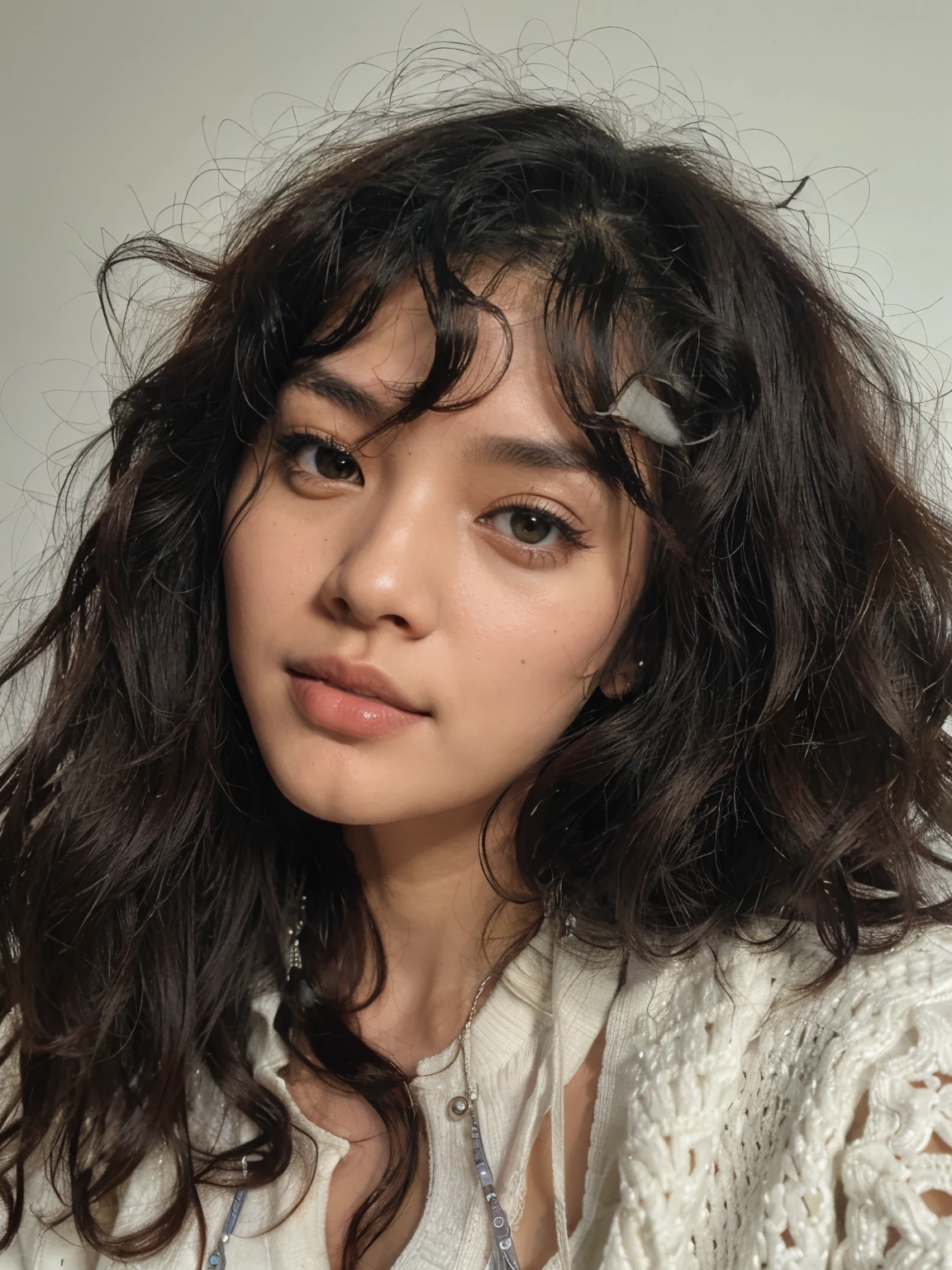there is a woman with long black hair and a white sweater, franja encaracolado, seu rosto emoldurado com cachos, detailed face of a asian girl, south east asian with round face, foto retrato suave 8 k, sem maquiagem cabelo ondulado, cabelos negros cacheados, com longos cabelos cacheados, cabelos escuros cacheados, Rosto detalhado perfeito, messy curly hair, Asian face, detailed flawless face