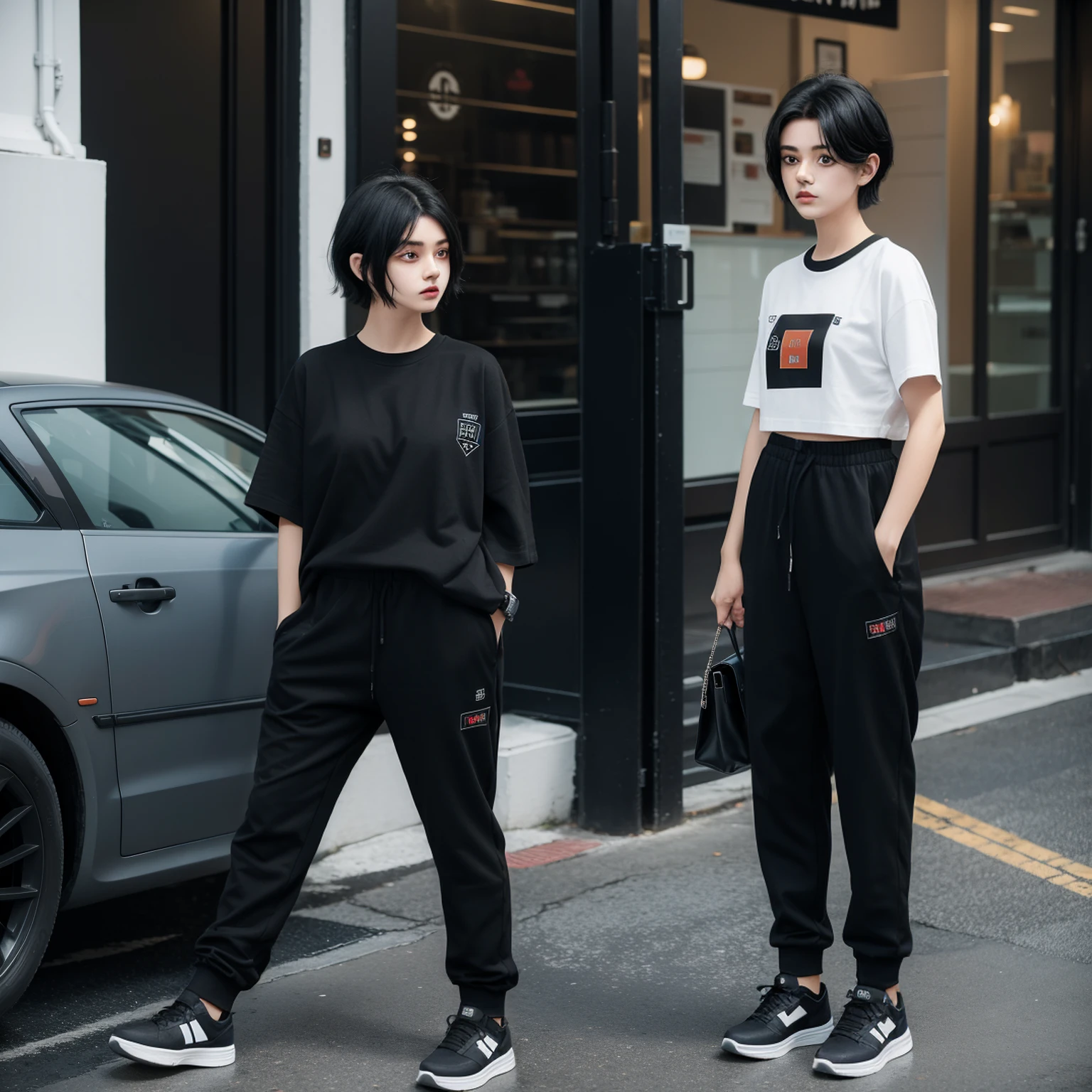 1 girls,black short hair,Deus logo on shirt, black long pants,