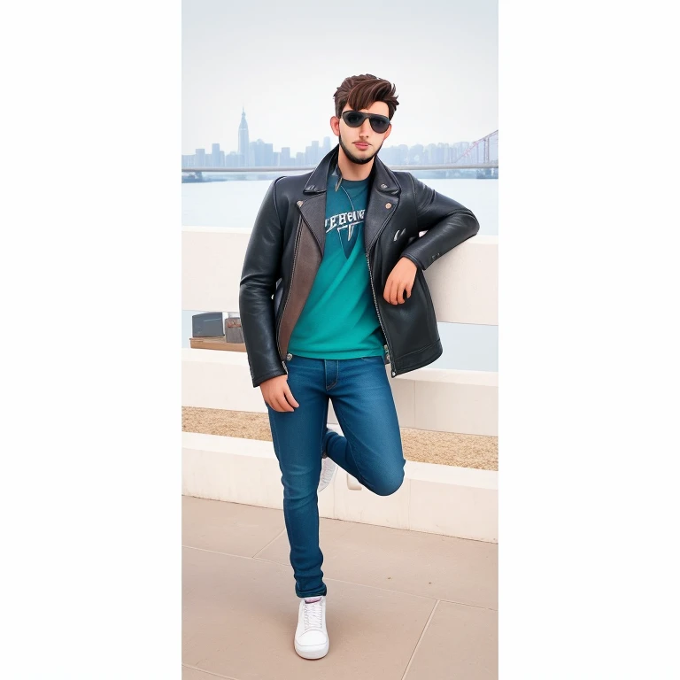 an incredibly handsome and hot young man aged 23 with short dark brown hair and brown eyes, angular jaw, box face, stubble beard, tall and lean, wearing a brown goggles black leather jacket and jeans or white shoes .