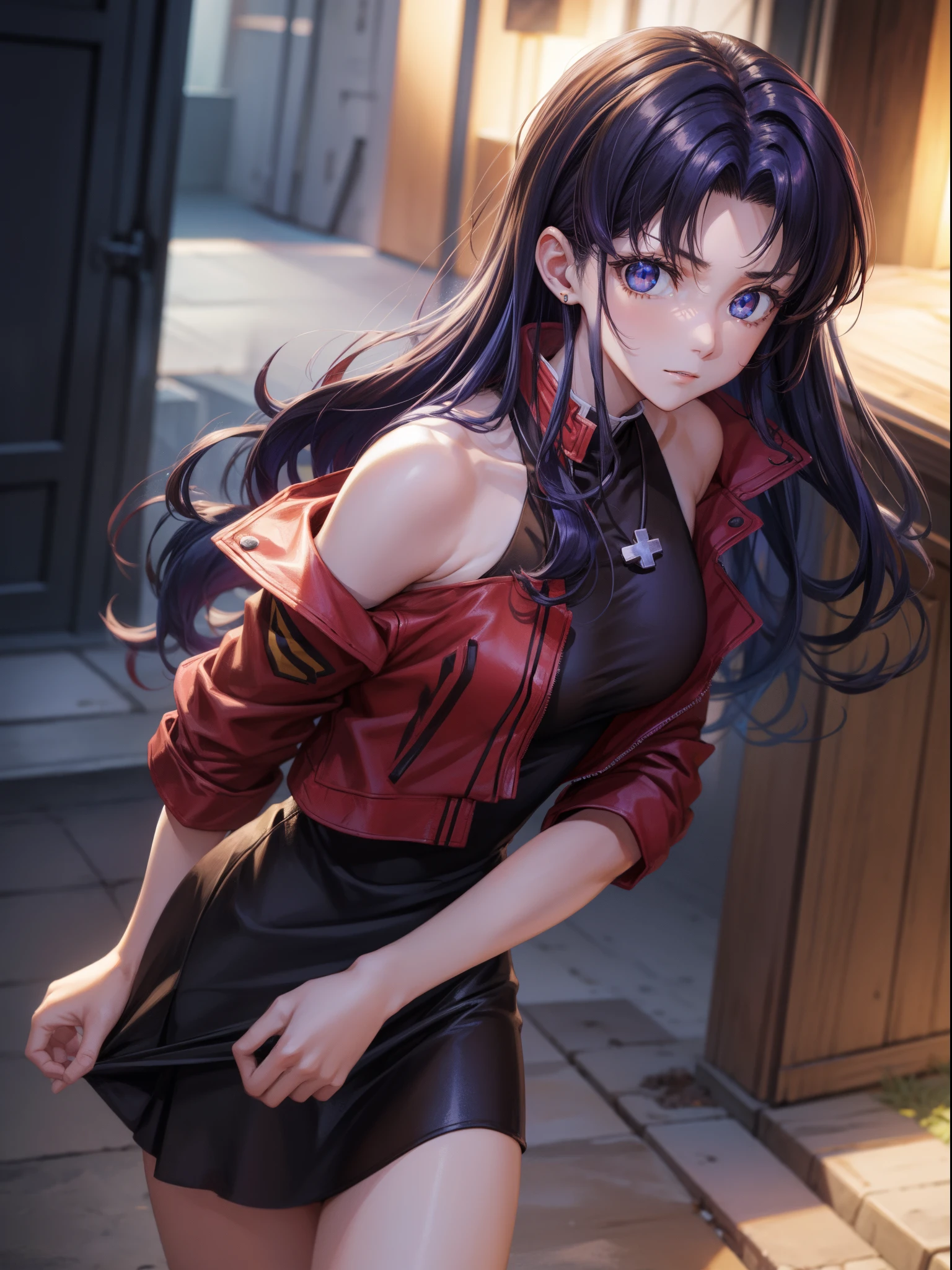 Misato katsuragi, Misato Katsuragi, Long hair, (Brown eyes:1.5), Blue hair, Purple hair, The break has, Dress, Bare shoulders, Jewelry, Jacket, earrings, Open your clothes, Sleeveless, Necklace, Black Dress, Open jacket, Sleeveless dress, beret, Short dress,  red headwear, Red jacket, Cross Necklace, BREAK looking at viewer, BREAK outdoors, a bed, BREAK (masutepiece:1.2), Best Quality, High resolution, Unity 8k壁纸, (Illustration:0.8), (Beautiful detailed eyes:1.6), extra detailed face, Perfect Lighting, extremely details CG, (Perfect hands, Perfect Anatomy),