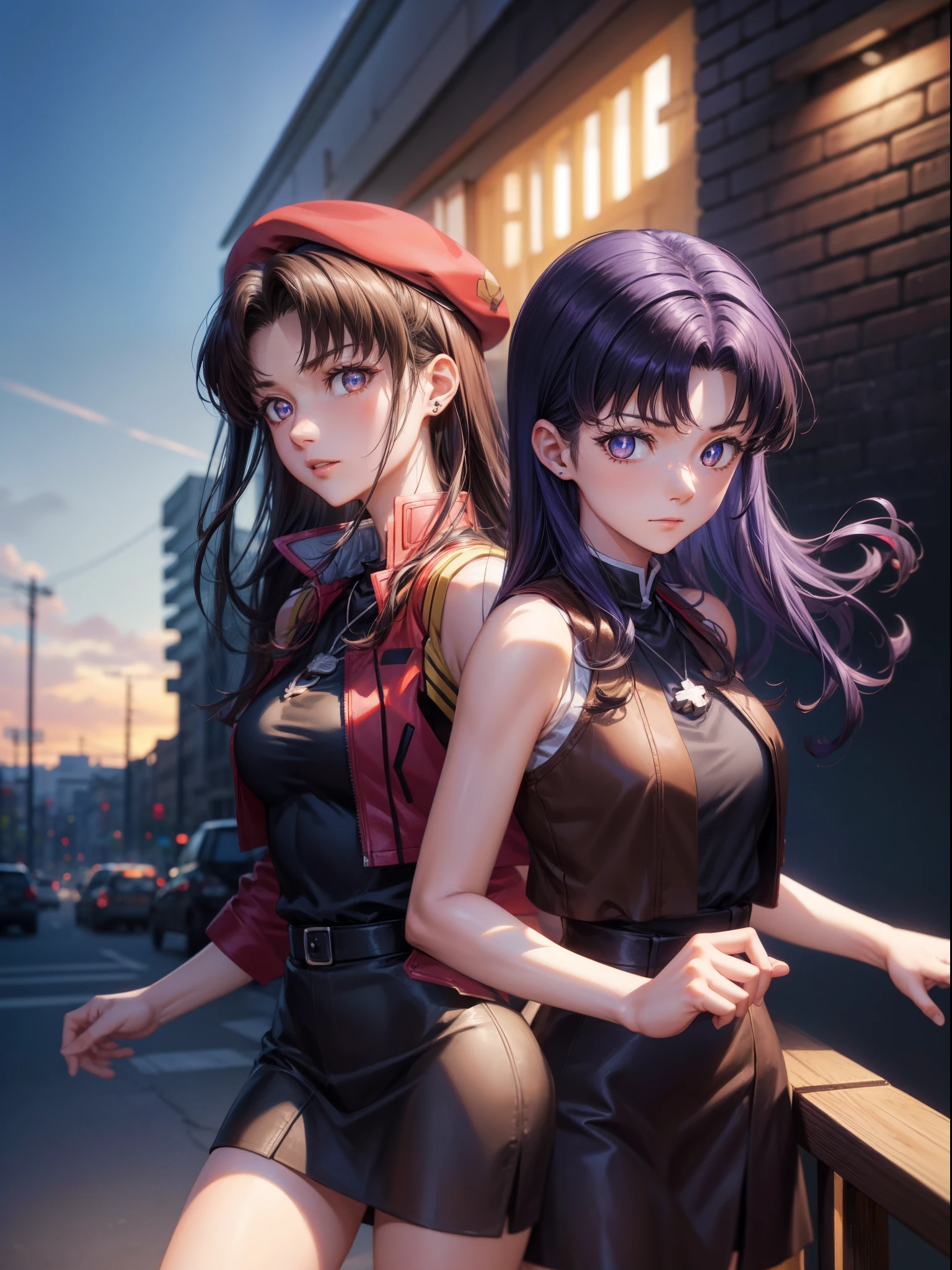 Misato katsuragi, Misato Katsuragi, Long hair, (Brown eyes:1.5), Blue hair, Purple hair, The break has, Dress, Bare shoulders, Jewelry, Jacket, earrings, Open your clothes, Sleeveless, Necklace, Black Dress, Open jacket, Sleeveless dress, beret, Short dress, red headwear, Red jacket, Cross Necklace, BREAK looking at viewer, BREAK outdoors, a bed, BREAK (masutepiece:1.2), Best Quality, High resolution, Unity 8k壁纸, (Illustration:0.8), (Beautiful detailed eyes:1.6), extra detailed face, Perfect Lighting, extremely details CG, (Perfect hands, Perfect Anatomy),