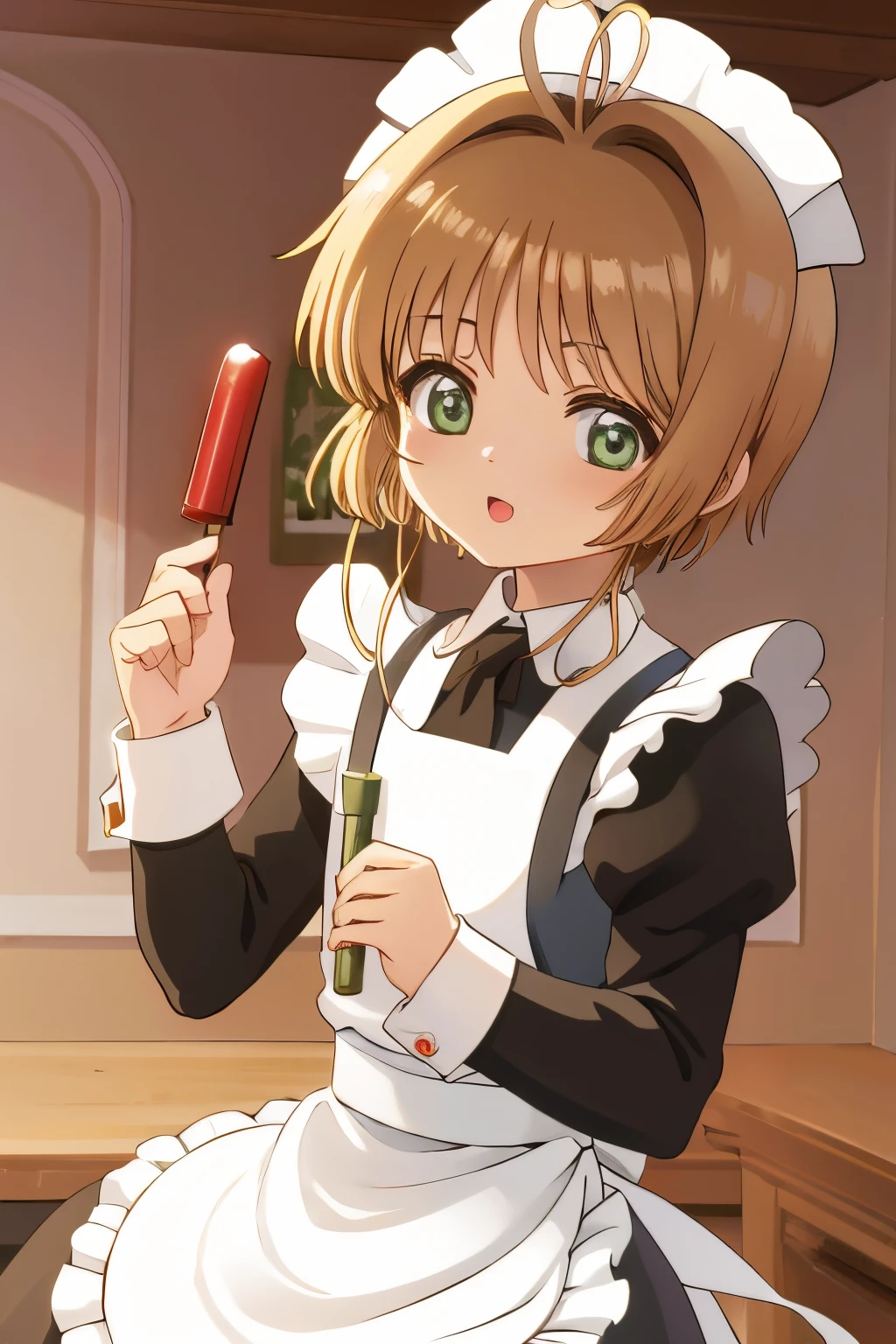 masuter piece, Best Quality, 超A high resolution, top-quality, Anime style, The best lighting, Beautiful face, kinomoto sakura, 1girl in, light brown hair, Short hair, Antenna Hair, Green eyes, frilld, (maid clothes:1.4), (Ruffle Katyusha on the head:1.2), Red bow, a temple background, Kero-chan,