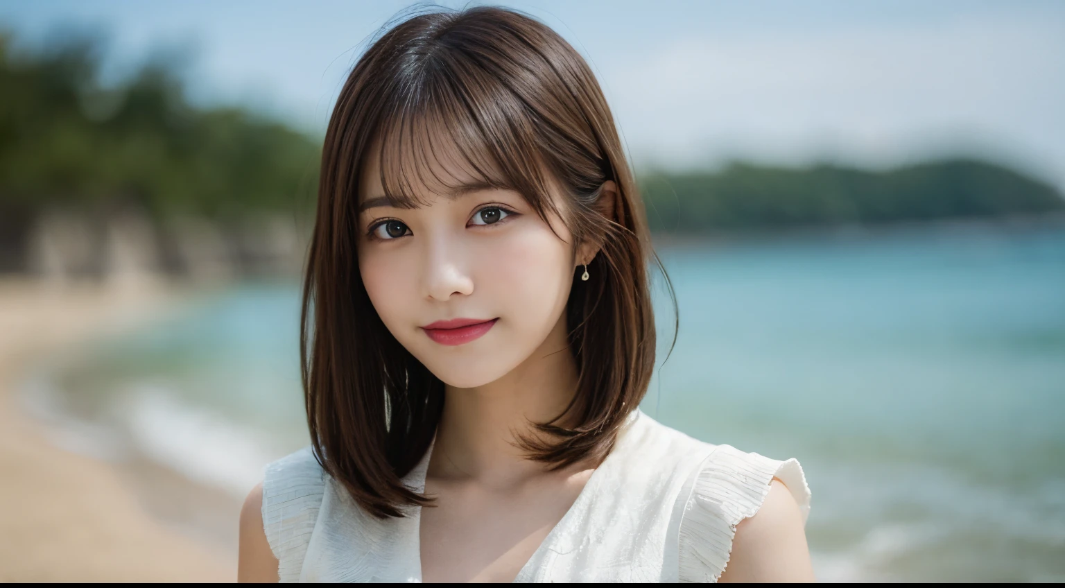 masutepiece, Best Quality, Illustration, Ultra-detailed, finely detail, hight resolution, 8K Wallpaper, Perfect dynamic composition, Beautiful detailed eyes, She wears a white dress,Medium Hair,Natural Color Lip, Correct posture,Smile,Harajuku、20 years girl、Cute、Straighten your back and look at the camera、C Cup、Brown hair、caste-like face、Blurred private beach background
