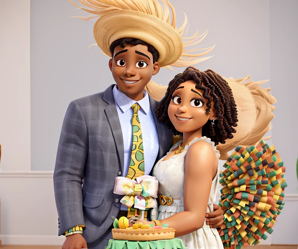 a happy African American couple at their Arraiá style bridal shower, the black guy and the brunette with curly hair