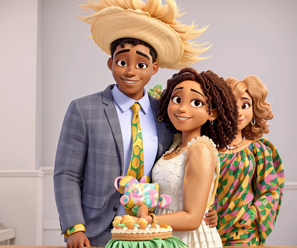 a happy African American couple at their Arraiá style bridal shower, the black guy and the brunette with curly hair