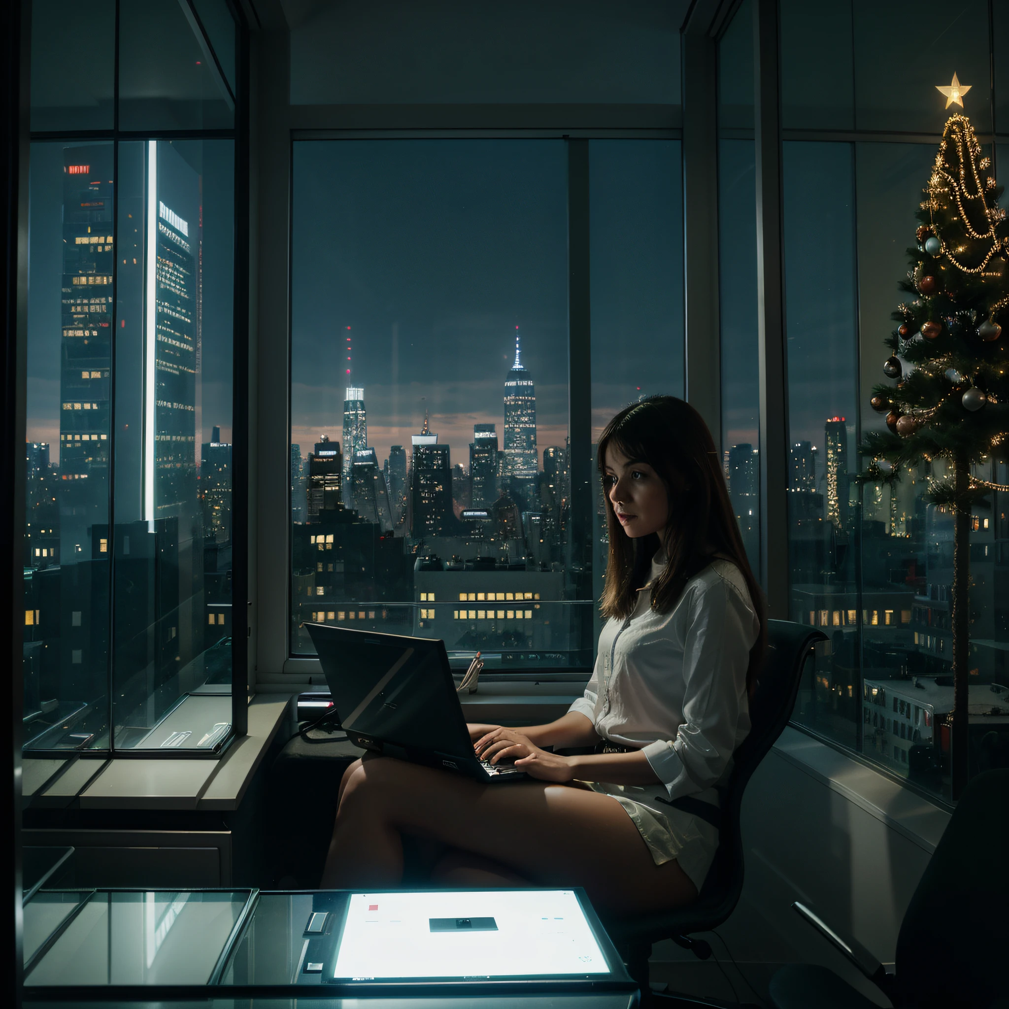 girl working on computer, multi-screen, 4 monitor, Postmodern, Inside the office, office is decorated with Christmas light and theme, Look through the glass window, futuristic city, , Strategist look, laptop, Cinematic, Ultra photo realism, highly detailed (tmasterpiece), girl is sitting inside the room has lot of monitor, large glass windows sky scraper, new york city night time visible in background in the room. Christmas theme and lights background