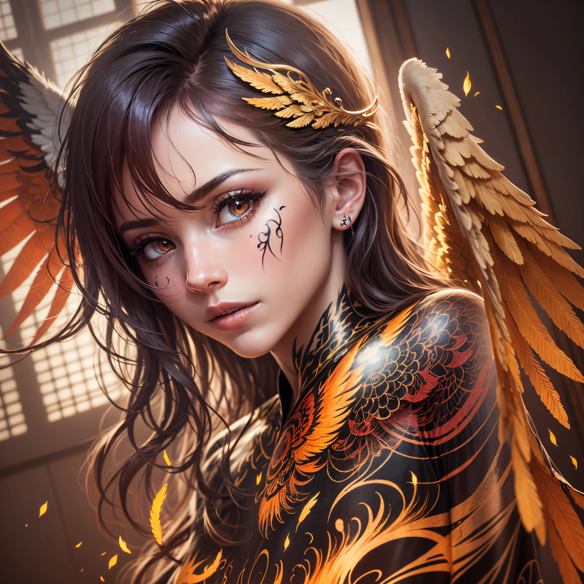 best quality, ultra-detailed, (realistic: 1.37), flaming angel tattoo, tattoo artist, beautiful detailed wings, fiery red and orange feathers, golden halo, ornate scrolls and patterns, black ink shading, body art, sharp focus, colors vivid, studio lighting, high resolution, bokeh, skin texture, detailed angel face, halo reflection, highly detailed flames, renaissance art inspiration, portrait, ink masterpiece --auto --s2