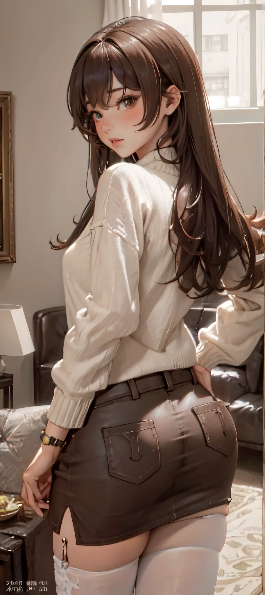 1lady standing, /(oversized sweater/) v-neck, mature female, /(brown hair/) bangs, blush, (masterpiece best quality:1.2) delicate illustration ultra-detailed, pantyhose BREAK /(modern house living room/) indoors, (((looking back))), (((sexy))), (((ite)))