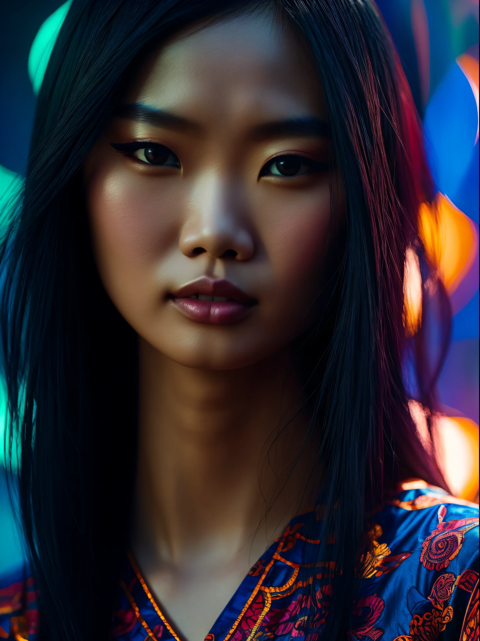 Woman, Asian, Eyes, Blue, Colorful, Confident, Style, long black hair, detailed skin, Radiant, Vibrant, Patterns, Unique, Outfit, Aura, Graceful, Inspirational, Authentic, Diversity, Beauty + Cinematic lighting, Unreal Engine 5, Cinematic, Color Grading, Editorial Photography, Photography, Photoshoot, Shot on 70mm lense