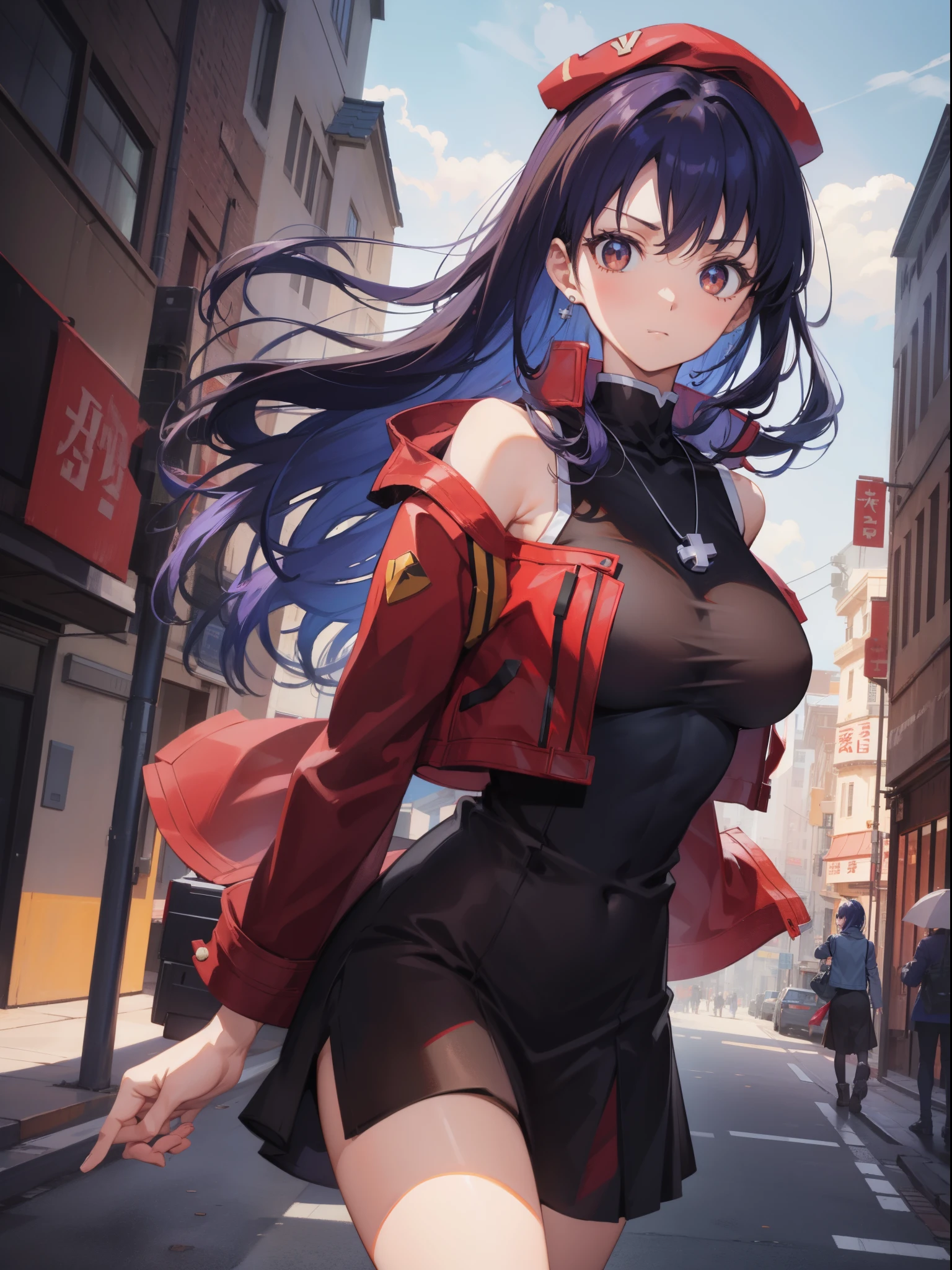 Misato katsuragi, Misato Katsuragi, Long hair, (Brown eyes:1.5), Blue hair, Purple hair, 爆乳,、less area underwear、 Show your pants、Dress, Bare shoulders, Jewelry, Jacket, earrings, Open your clothes, Sleeveless, Necklace, Black Dress, Open jacket, Sleeveless dress, beret, Short dress, Cross, red headwear, Red jacket, Cross Necklace, BREAK looking at viewer, BREAK outdoors, city, BREAK (masutepiece:1.2), Best Quality, High resolution, Unity 8k壁纸, (Illustration:0.8), (Beautiful detailed eyes:1.6), extra detailed face, Perfect Lighting, extremely details CG, (Perfect hands, Perfect Anatomy),