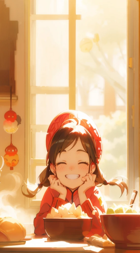 Anime girl sitting at the table，Carrying a bowl of food, dumpling，Artistic rendering of Hakurei Reimu, Boli Lingmeng, Cute Anime Girls, Warm smile, Anime visuals of a cute girl, 🍁 cute big breasts, change, lovely art style, Zero art, cute anime, Artgerm and Atey Ghailan, laughing sweetly, Happy expression