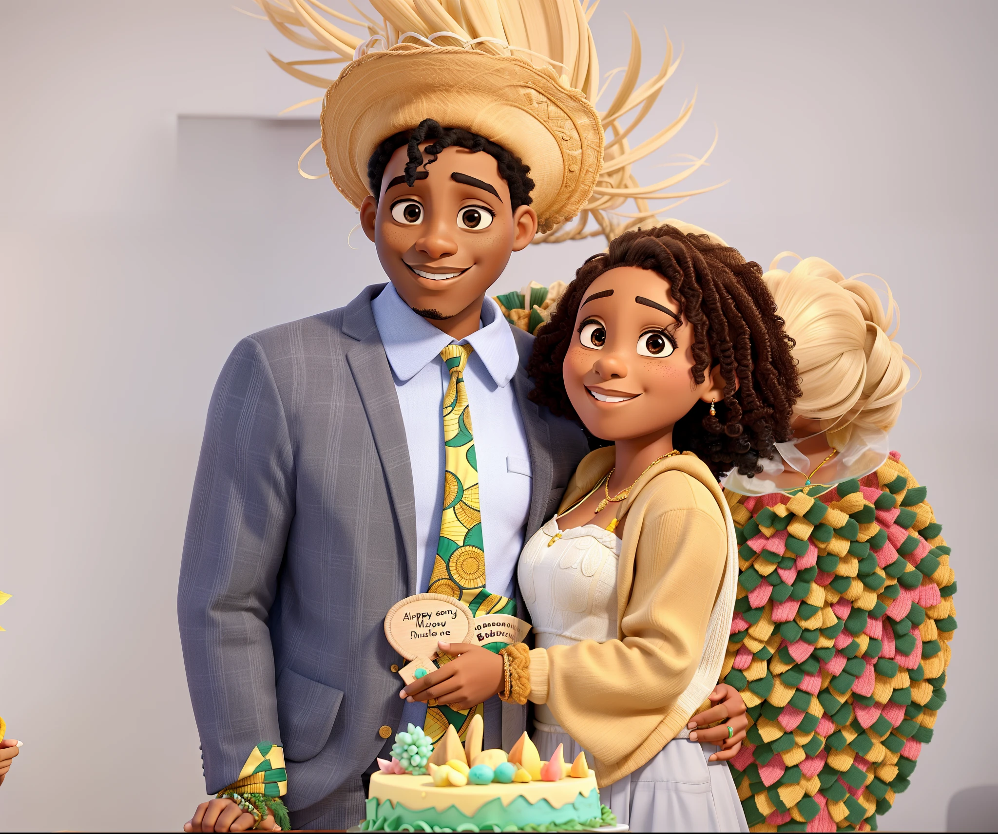 a happy African American couple at their Arraiá style bridal shower, the black guy and the brunette with curly hair