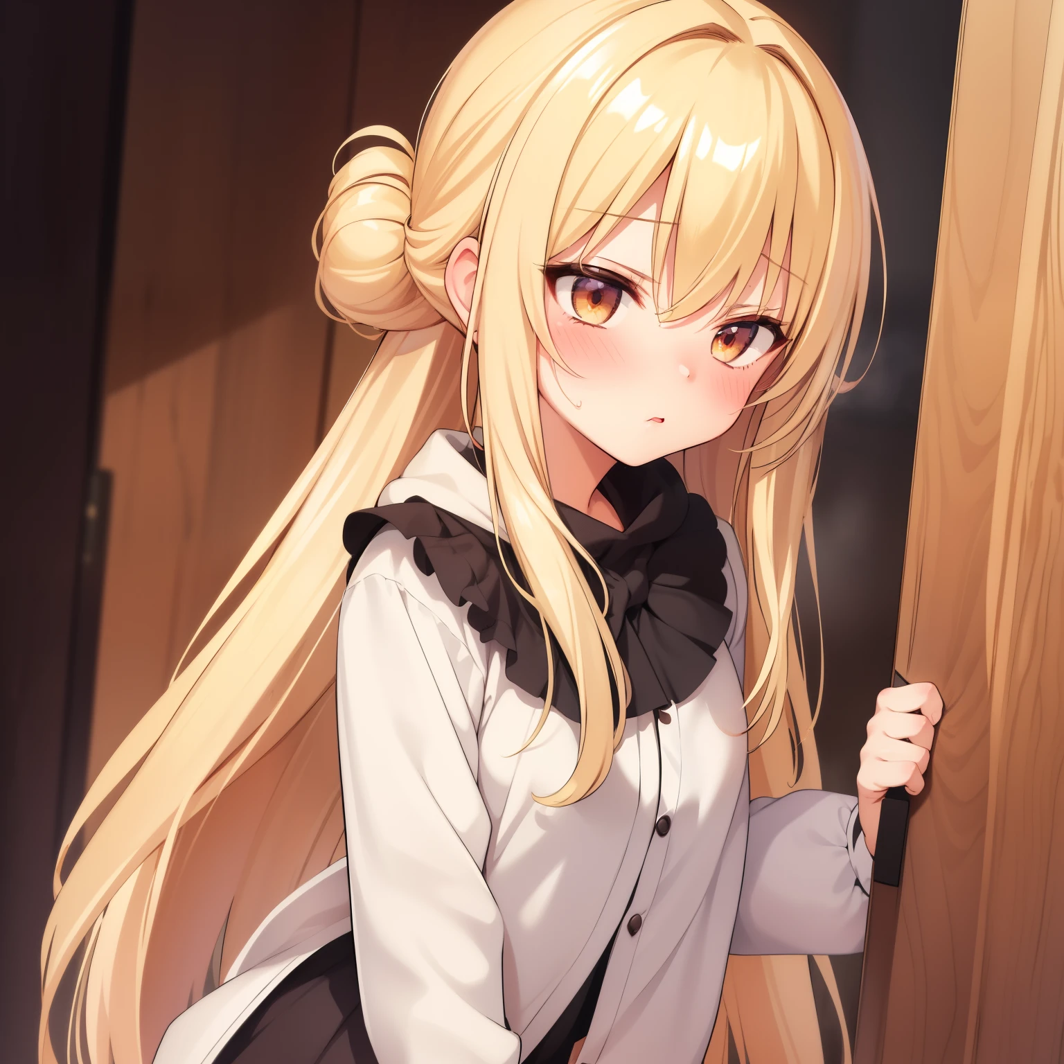 Best_Quality,Masterpiece,1_Girl,cowboy shot, full-face blush, tsundere,  blonde hair, Parted bangs, absurdly long hair, half updo