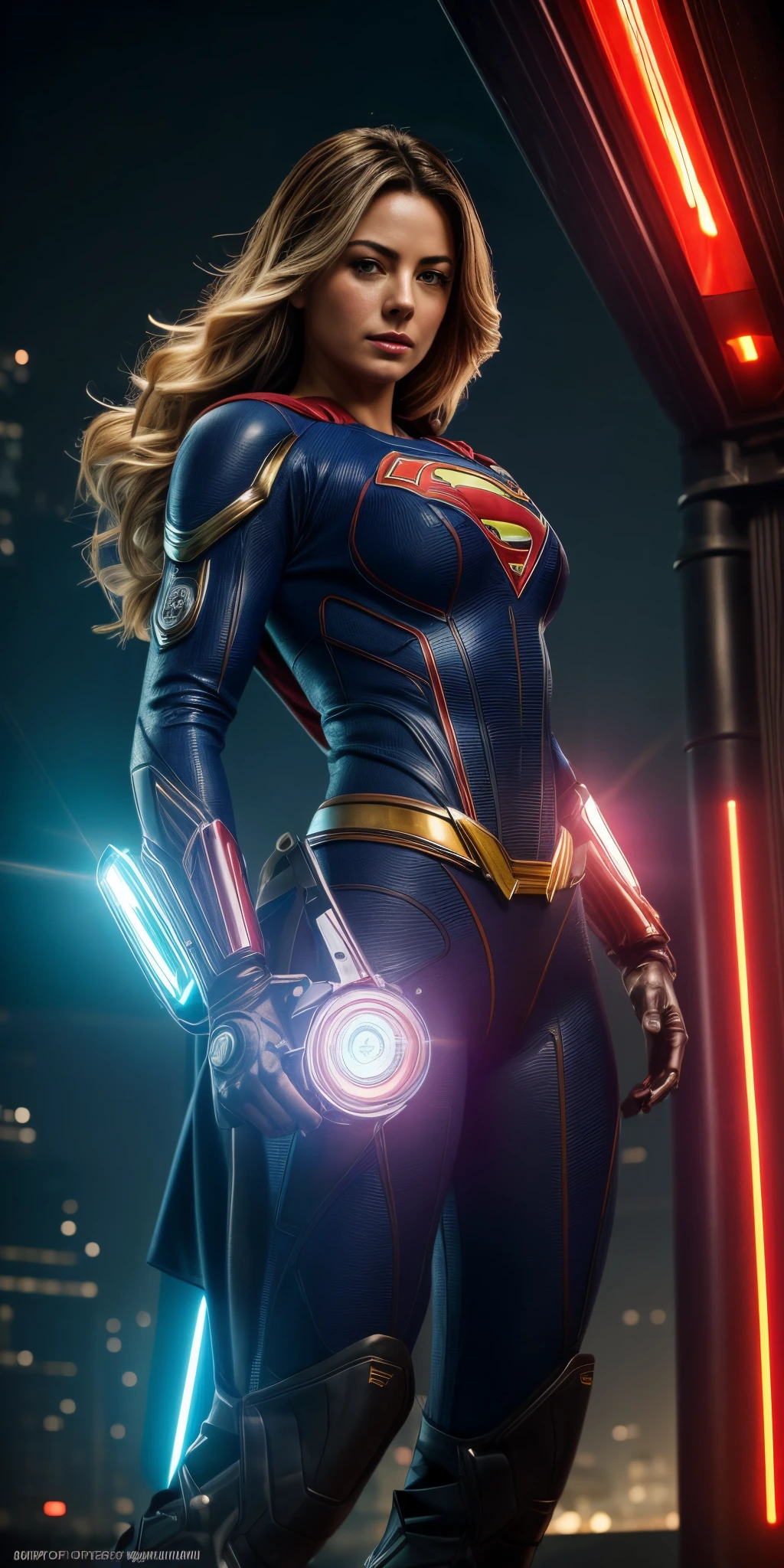 midshot, cel-shading style, centered image, ultra detailed illustration of Erica Durance, (tetradic colors), full body, inkpunk, ink lines, light particles, strong outlines, art by MSchiffer, bold traces, parted lips, Minimum tight Supergirl swinsuit , Cyberpunk, g、pele brilhante, ((Detalhes super realistas))、portlate、global ilumination、sombra、Octane Representation、8k、ultrasharp、Luz de borda de caractere, Seios grandes, big booty、Raw skin is exposed on the neckline、Apocalyptic City of Fire, Detalhes de ornamentos complexos、Transparent acrylic parts cover、Sumer Detailed Hydraulic Cylinders、small LED lamp、Detalhes muito intrincados、Luz realista、um olho purpura、olhos radiantes、in front of camera、Neon details, Cyberpunk ,mais alta qualidade、obra prima、超A high resolution、(fotorrealista:1.4)、Foto RAW