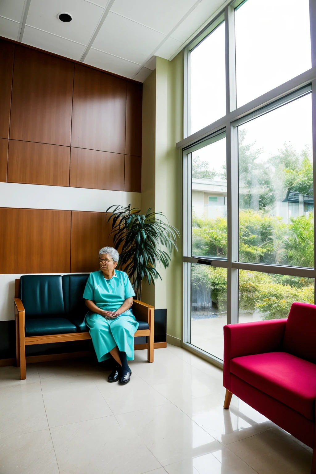 Futuristic, Eye Hospital, Wide-angle environment, See the reception lobby and waiting area, Behind the futuristic sci-fi nurse station stands a young and beautiful female nurse in a futuristic uniform., There are green plants in the environment, Mainly light wood, Arc shape wall, The sun shines in slightly from the window through the curtains, Future professional doctor in uniform passing by, Elderly mother-in-law patient with eye disease. There are young beautiful women and family members who are waiting and chatting on the sofa in the waiting area.