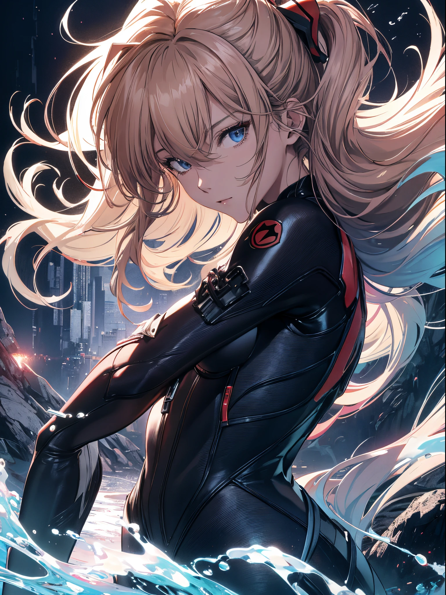 official art, unity 8k wallpaper, ultra detailed, beautiful and aesthetic, masterpiece, best quality, realistic, close-up, skindentation, souryuu asuka langley, interface headset, bodysuit under clothes, detailed eyes, detailed face, detailed hair, black background, straight-on, looking at viewer, glossy,
