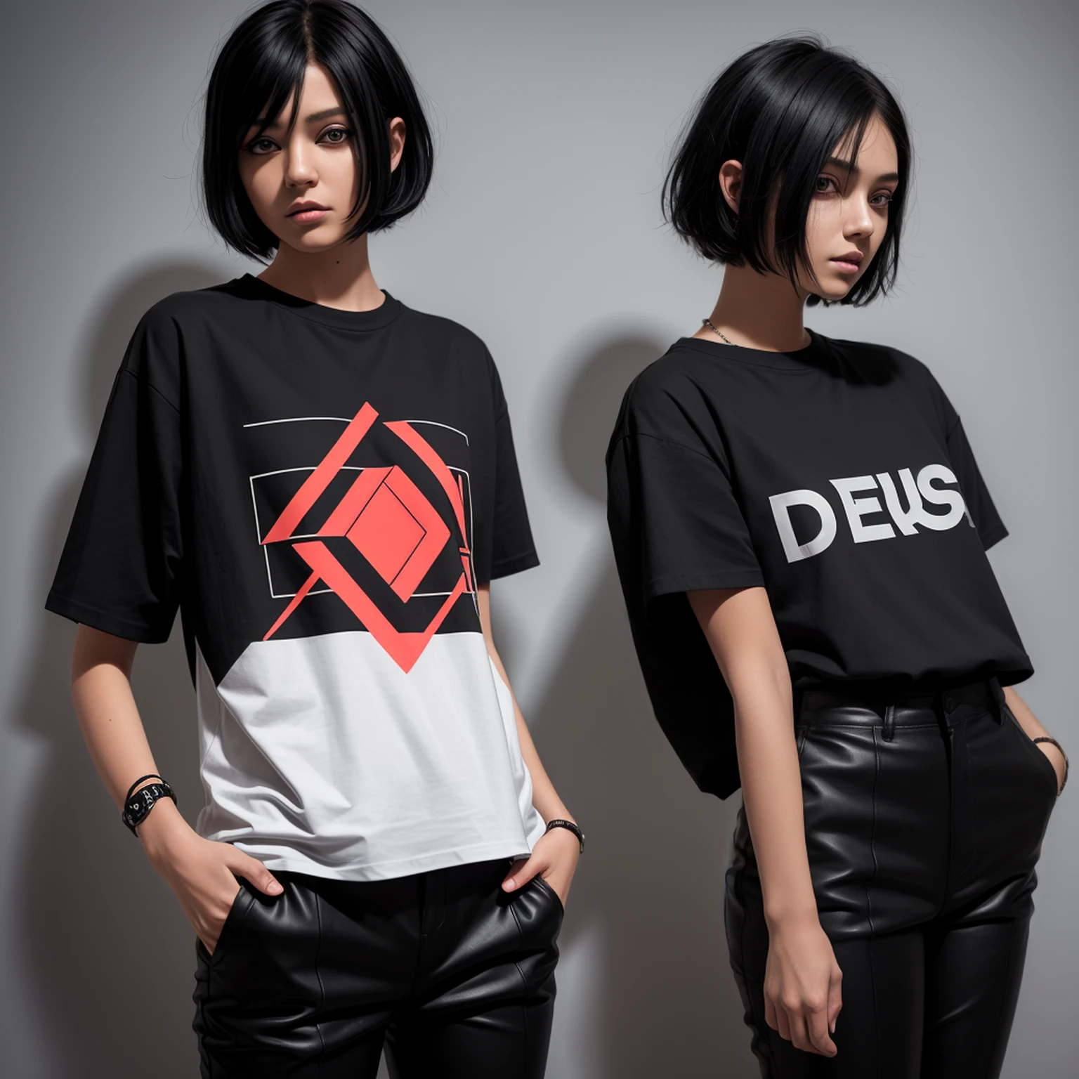 1 girl, short hair, black hair, Deus logo on shirt, black pants, black long pants