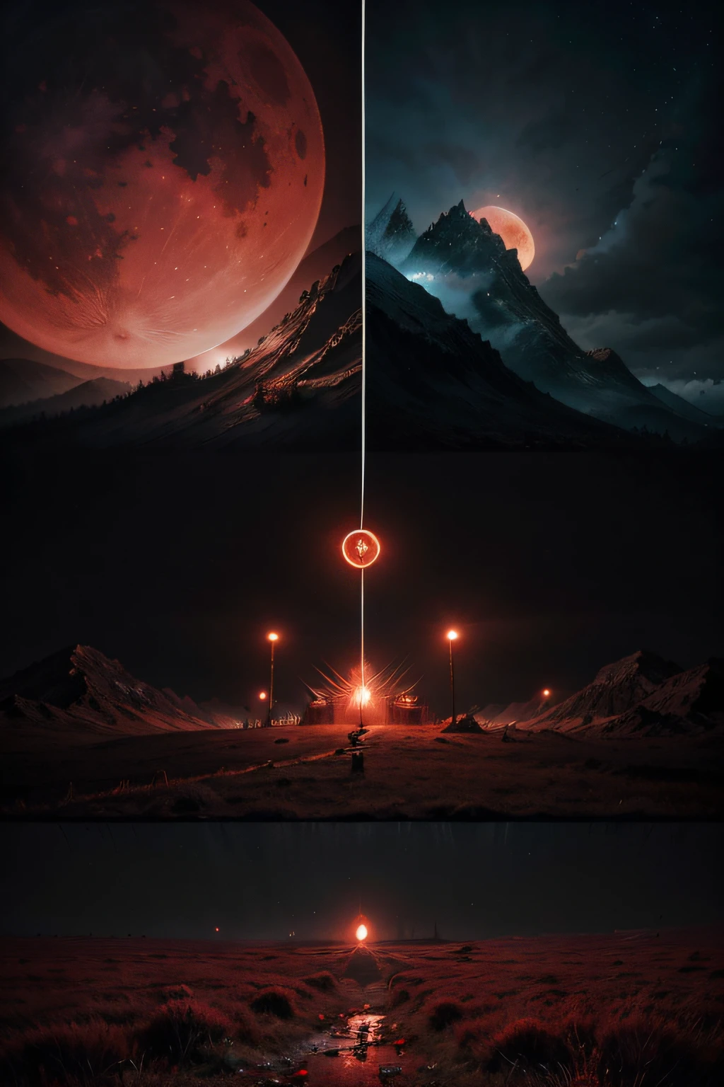 Scif vibes, Otherworldly, Cinematic, Ominous mountain, digital art, inspired by Cyril Rolando, digital art, blood red moon, forest, Japanese temple, beeple and jeremiah ketner, symmetrical digital illustration, realism | beeple, over detailed art, music album art, Creepy