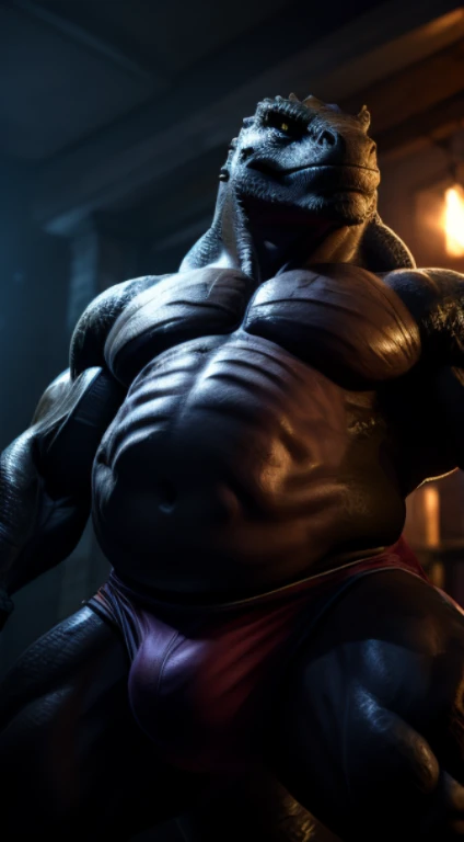 A lizard man with a full belly, muscular, vore, imprint on belly, bulge, muscle gut, illustration, (best quality, 4k, highres, masterpiece:1.2), ultra-detailed, realistic, horror, sharp focus, vivid colors, nighttime lighting, burping up an object, motion lines.