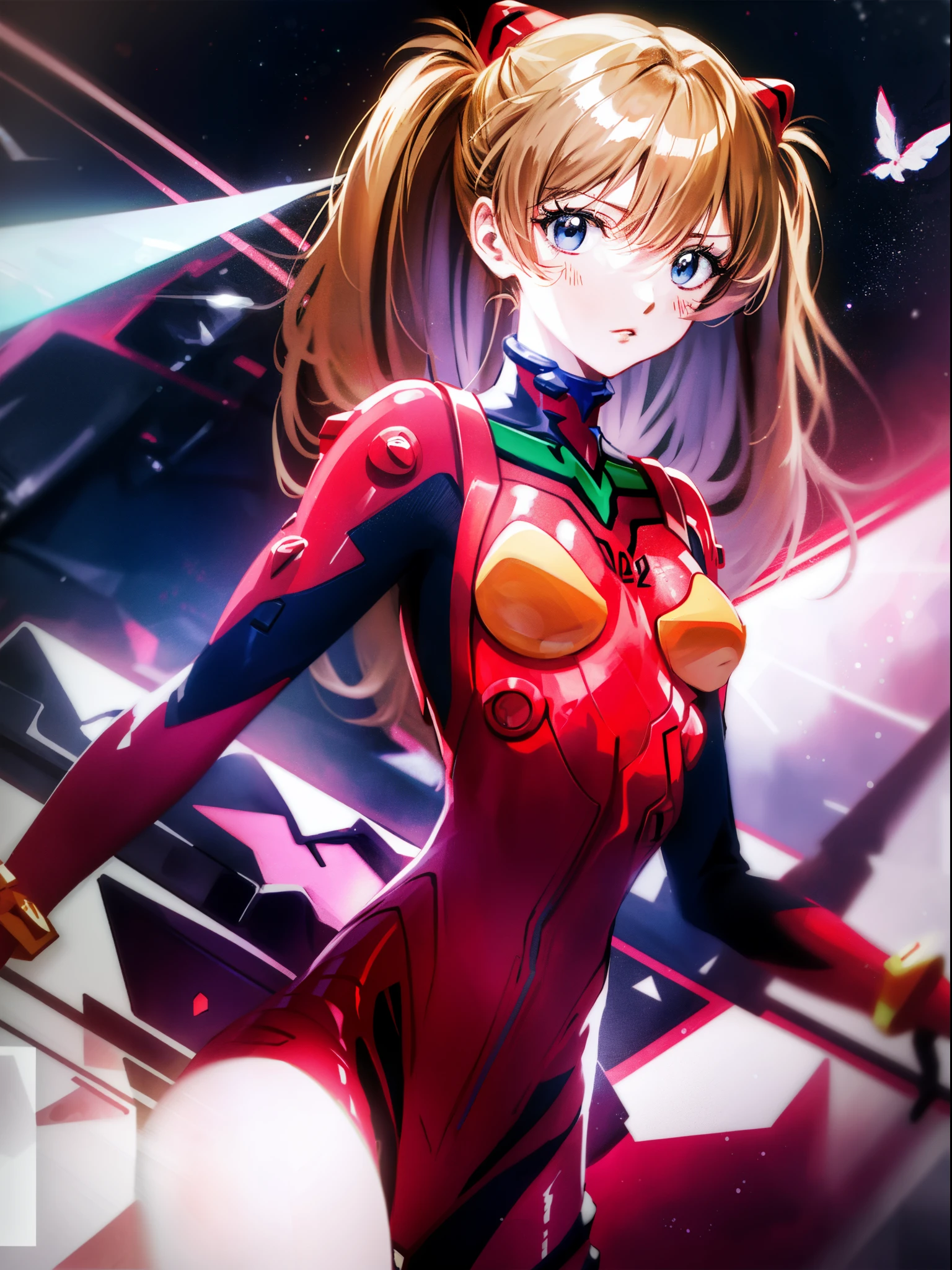 Shikiha Asuka Langre, ASUKA, Evangelion, EVA 02, wearing a red EVA pilot combat suit, high heels on her feet, tsundere girl, slender, juvenile, with almond-shaped sky blue eyes, long eyelashes, shiny lips, tsundere and playful expression, full body portrait, hair bobbles, longeyelashes, light smile, ear blush, fang, blonde hair, twintails, heart-shaped pupils, Surrealism, drop shadow, stereogram, tachi-e, pov, atmospheric perspective, Futurism, anime style, cinematic lighting, sparkle, ray tracing, drop shadow, speed lines, tachi-e, diffraction spikes, f/16, 8k, super detail, ccurate, best quality, retina, masterpiece, award winning, textured skin