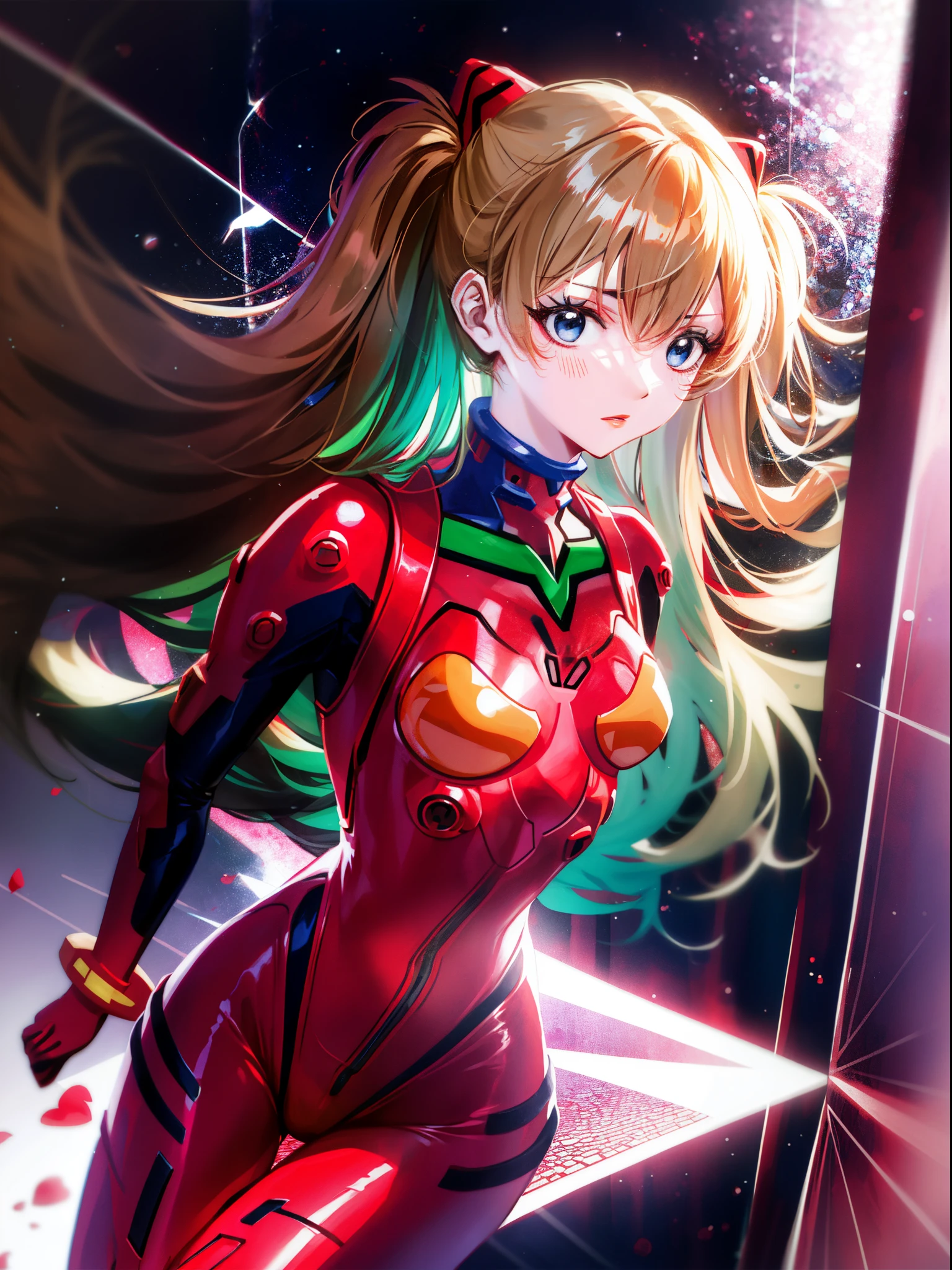 Shikiha Asuka Langre, ASUKA, Evangelion, EVA 02, wearing a red EVA pilot combat suit, high heels on her feet, tsundere girl, slender, juvenile, with almond-shaped sky blue eyes, long eyelashes, shiny lips, tsundere and playful expression, full body portrait, hair bobbles, longeyelashes, light smile, ear blush, fang, blonde hair, twintails, heart-shaped pupils, Surrealism, drop shadow, stereogram, tachi-e, pov, atmospheric perspective, Futurism, anime style, cinematic lighting, sparkle, ray tracing, drop shadow, speed lines, tachi-e, diffraction spikes, f/16, 8k, super detail, ccurate, best quality, retina, masterpiece, award winning, textured skin