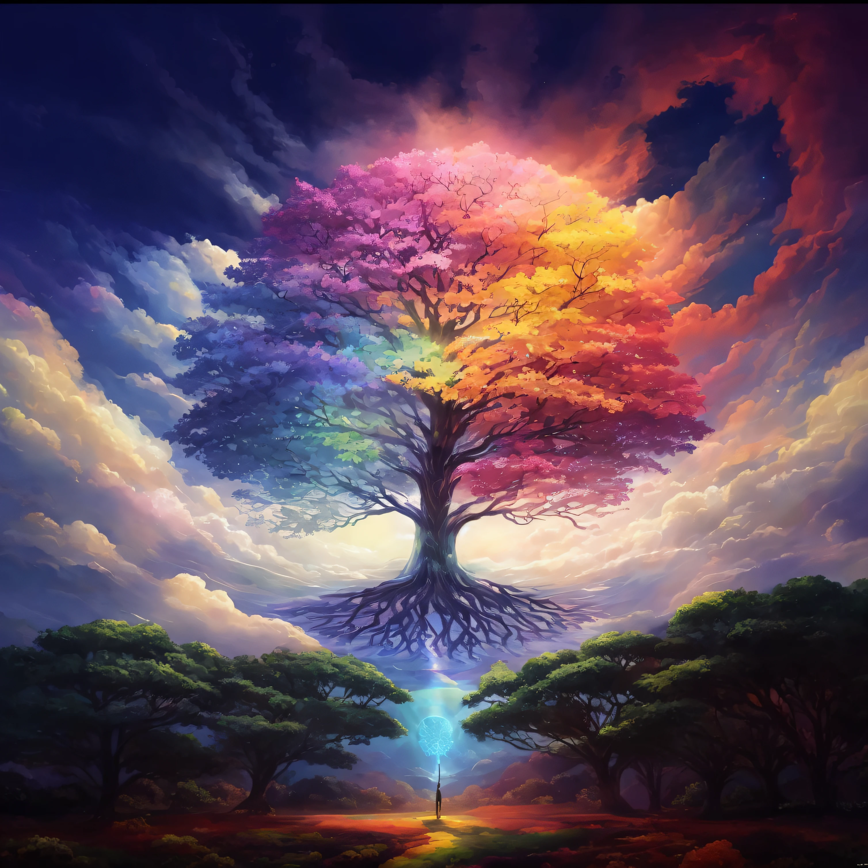 Painting of a tree against a background of rainbow-colored sky, The Tree of Life, cosmic tree of life, Magical tree, fantasy tree, tree of life seed of doubt, The Tree of Life, world tree, cosmic tree, enchanted tree, magical colors and atmosphere, Colorful concept art, world tree, yggdrasil, Beautiful Art UHD 4K