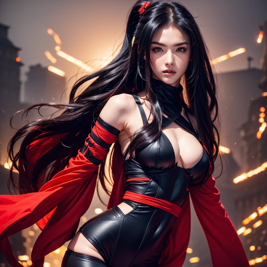 Ninja with long black hair, red streaks of hair, ultra high quality,high res, beautiful,sexy, ninja outfit