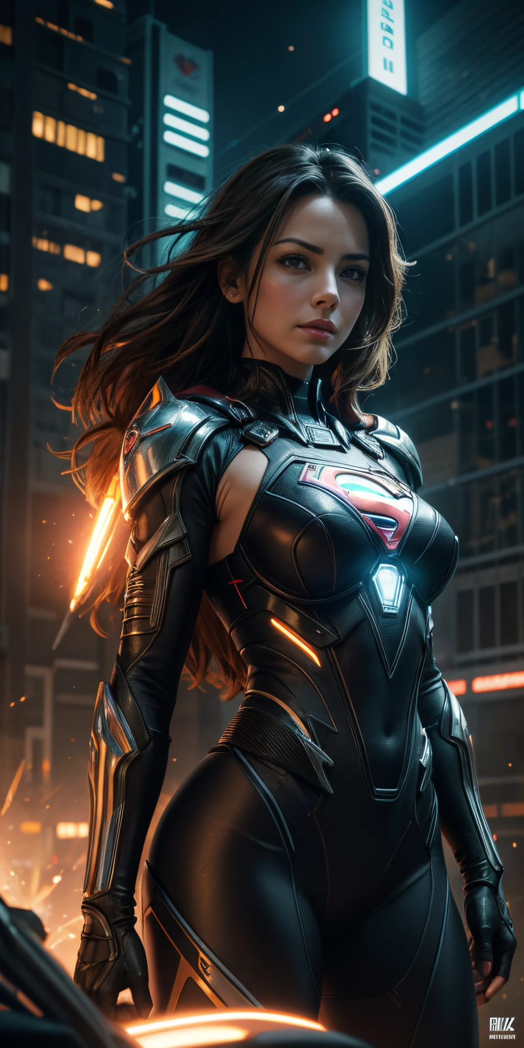 midshot, cel-shading style, centered image, ultra detailed illustration of Erica Durance, (tetradic colors), full body, inkpunk, ink lines, light particles, strong outlines, art by MSchiffer, bold traces, parted lips, Minimum tight Supergirl swinsuit , Cyberpunk, g、pele brilhante, ((Detalhes super realistas))、portlate、global ilumination、sombra、Octane Representation、8k、ultrasharp、Luz de borda de caractere, Seios grandes, big booty、Raw skin is exposed on the neckline、Apocalyptic City of Fire, Detalhes de ornamentos complexos、Transparent acrylic parts cover、Sumer Detailed Hydraulic Cylinders、small LED lamp、Detalhes muito intrincados、Luz realista、um olho purpura、olhos radiantes、in front of camera、Neon details, Cyberpunk ,mais alta qualidade、obra prima、超A high resolution、(fotorrealista:1.4)、Foto RAW