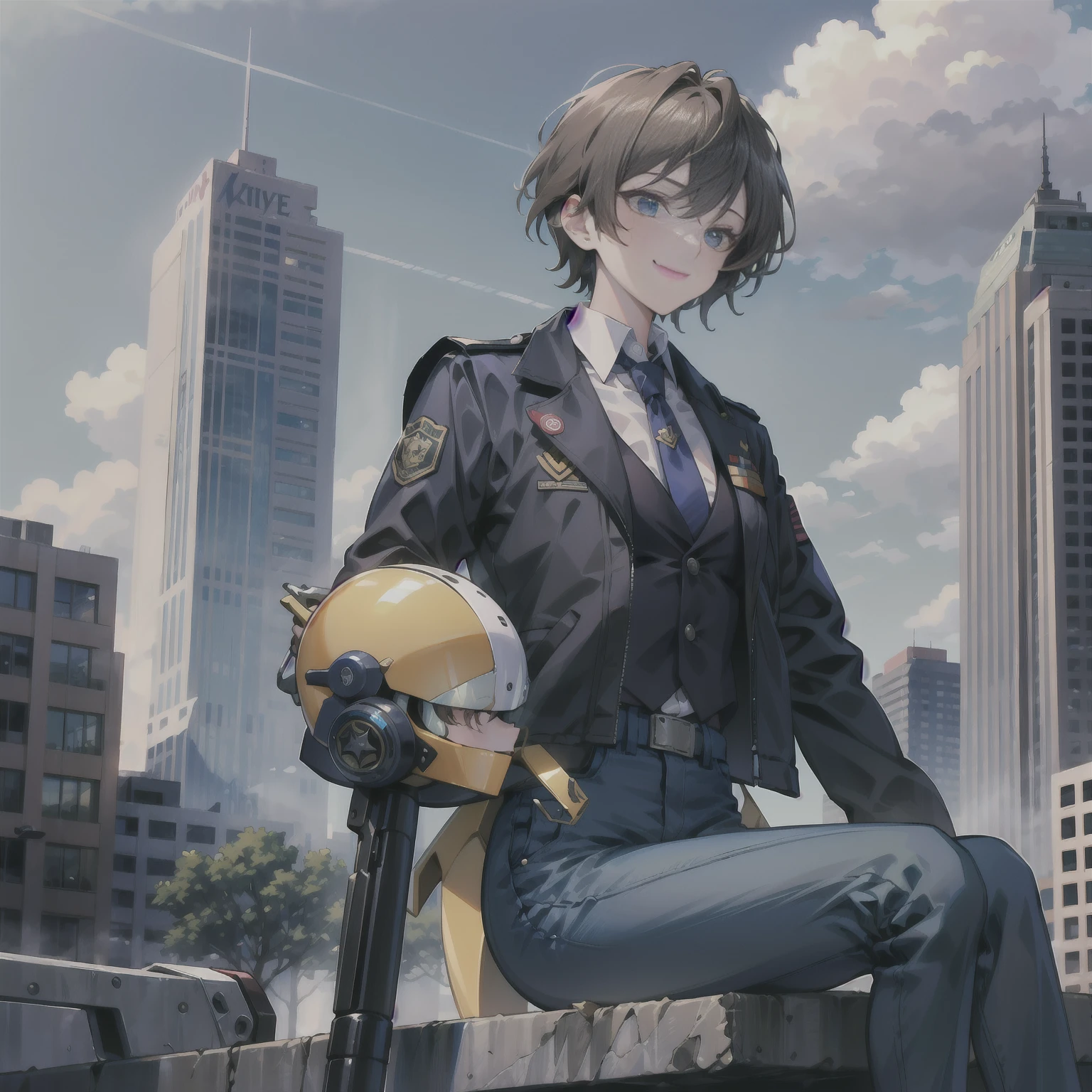 ground_destroyed mecha, destroyed mecha, mecha, brown_hair, jacket, sitting, gloves, long_sleeves, pants, patlabor, 1girl, sky, necktie, yellow_neckwear, riding, shirt, outdoors, police_uniform, collared_shirt, helmet, vest, bangs, day, police, smile, white_shirt, blue_sky, standing, dress_shirt, shoes, short_hair, blue_jacket, city, from_side, looking_down, headwear_removed, straddling, oldschool, black_footwear, patlabor_uniform, gun, blue_background, shadow, white_gloves, mecha, science_fiction, blue_pants, boots, bowtie, 1990s_(style), holding, looking_away, open_clothes, black_neckwear, closed_mouth, policewoman, open_jacket, blazer, wing_collar, cloud, looking_afar, black_jacket, mecha in backgroud, destroyed mecha in backgroud, destroyed mecha