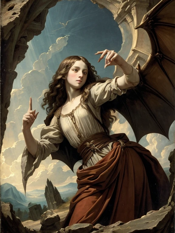 Renaissance painting style, disheveled hand reaching up towards the sky with some exposed bone on the pointer finger and middle finger, and a bat winged human descending in a ray of light.