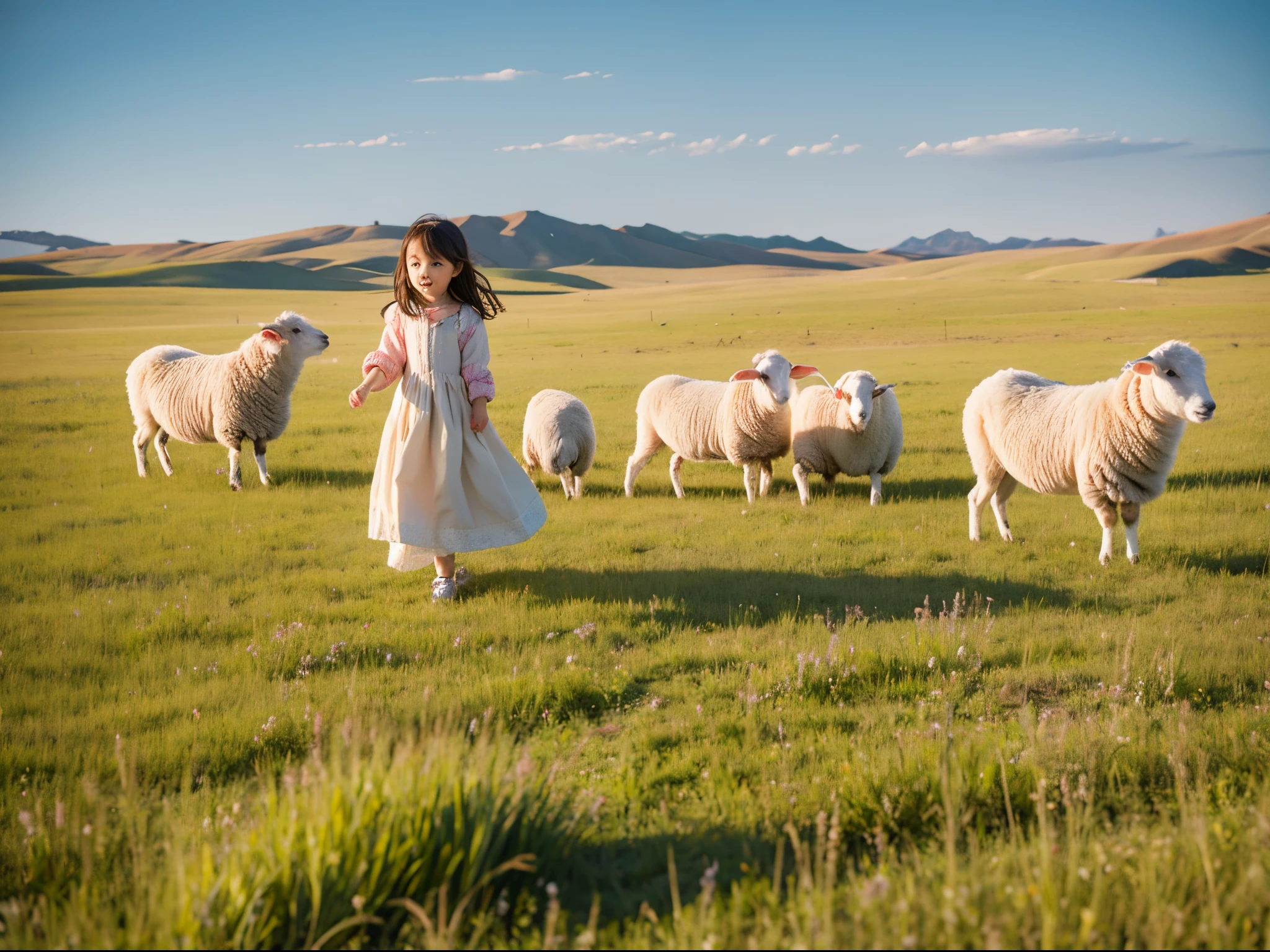  girl herding sheep in the steppe