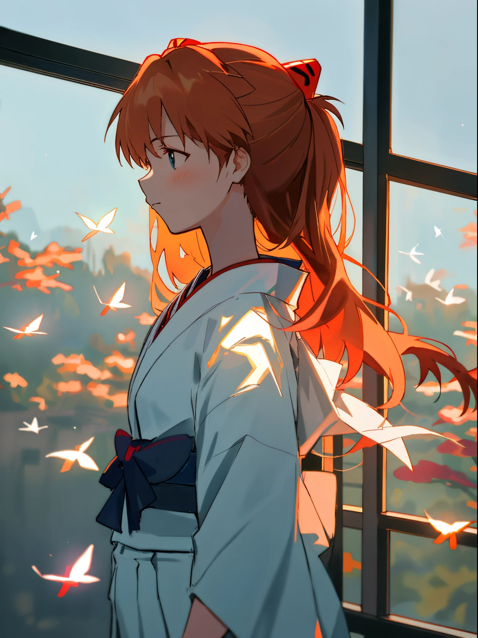1 girl, Asuka,Japan school uniform, Evangelion, 8K, 爆乳、Best Quality, japanese cloth, Looking out the window, 更多的细节,Suitable for winter, cool style, Bright colors,Sunlight,Revealing kimono、