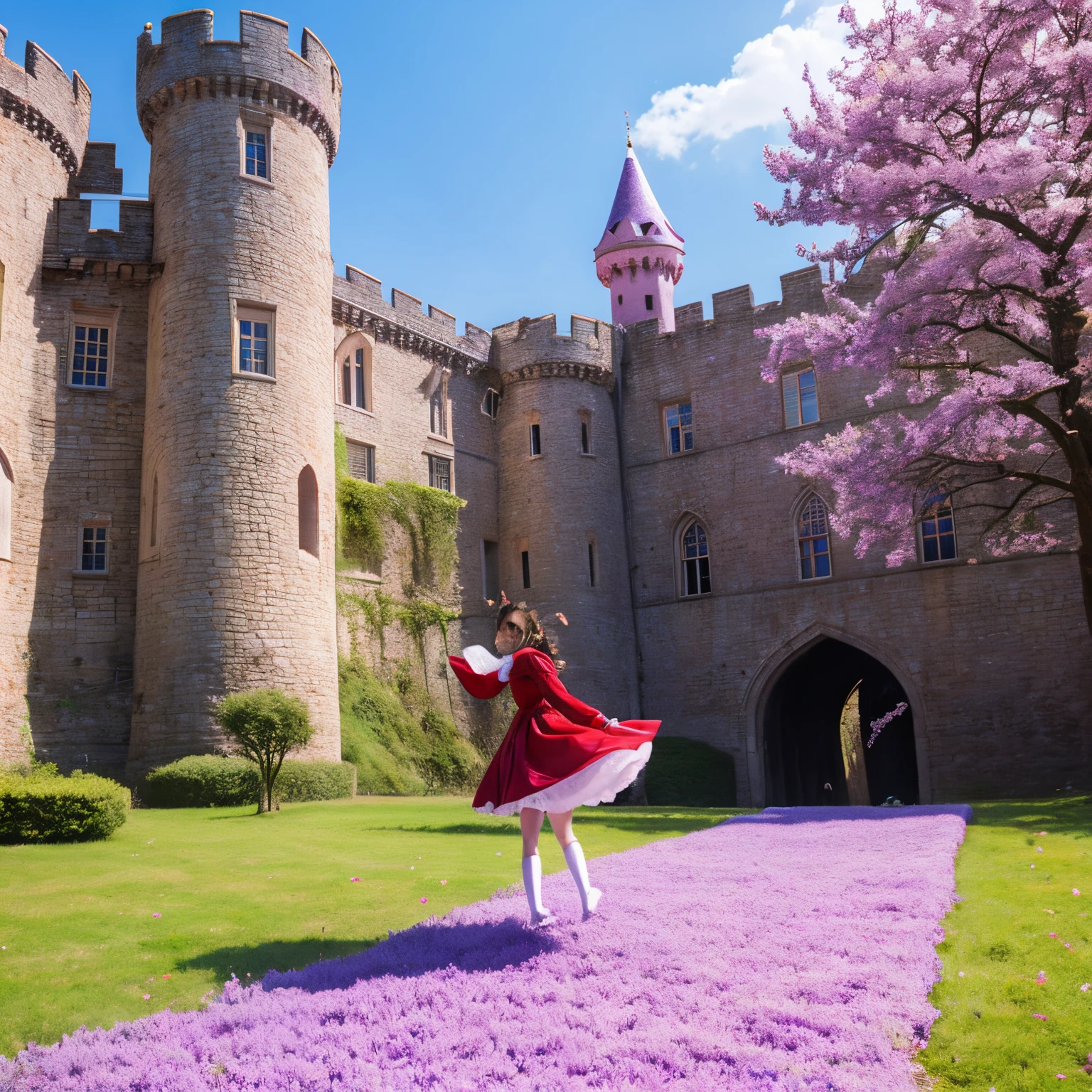 animesque、magic carpet、flying though the air、Admire the castle、teens girl、Purple-red