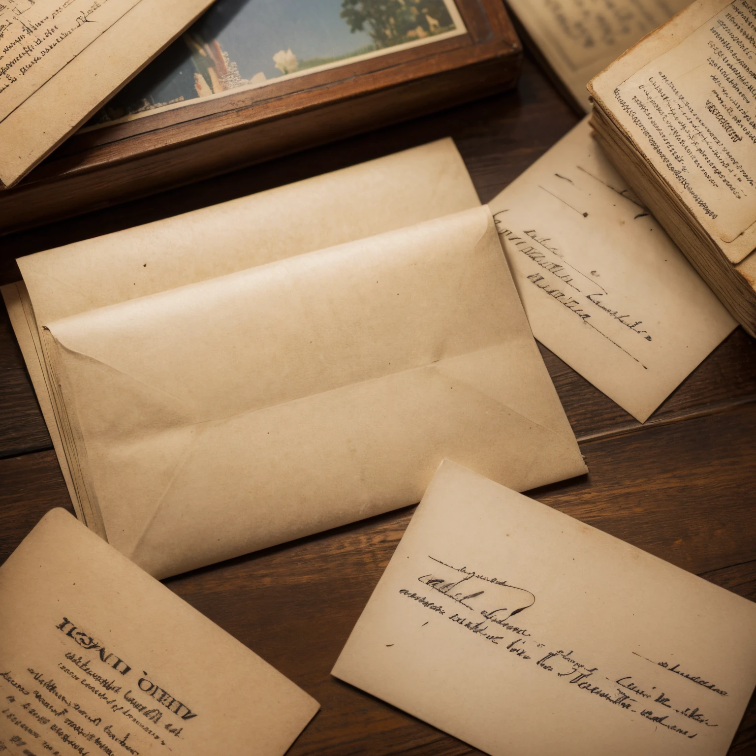 several postcards,envelope,Postage stamps,Postcard close-up,Spotlight postcard,open letter,vintagestyle,Old paper,antique texture,Wrinkled edges,unopened letter,Classic style