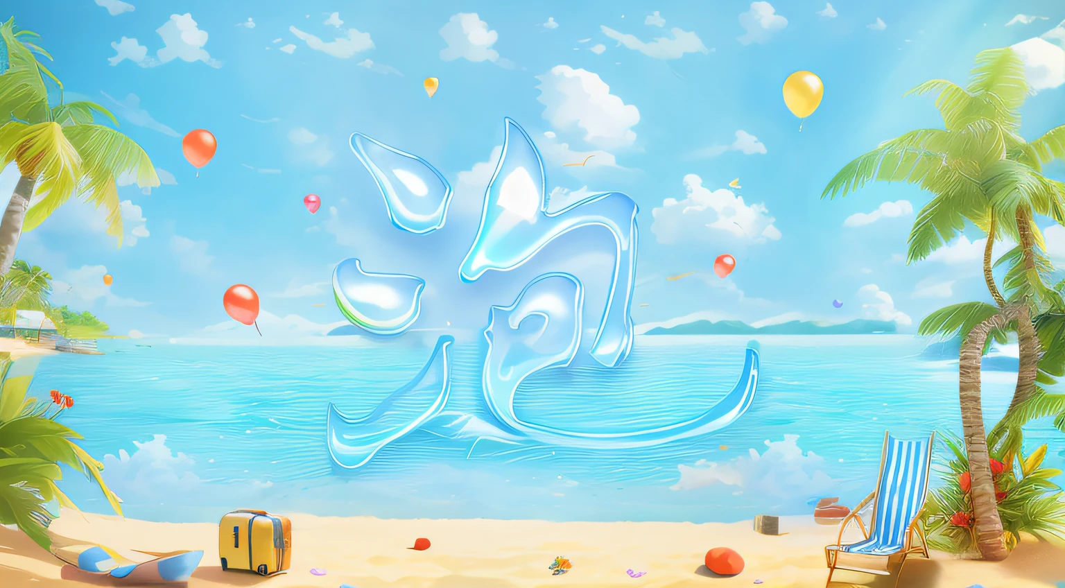 summer beaches、Red flowers、beach chair、Suitcase and palm tree, blue lifebuoy,coloredballoons,toys、seagulls、island background, tropical beach paradise, tropical background, breezy background, tropical ocean, Tropical paradise, beatiful background, tropical island, anime backgrounds, seaside backgroud, tropical mood, sea beach background, ornate backdrop, wonderful sea view, amazing background, beatiful background, Anime background art, Tropical beaches,tmasterpiece,the detail,trends in art station,beautiful light up,realistically,iintricate,Award-Awarded,4K,Best quality at best