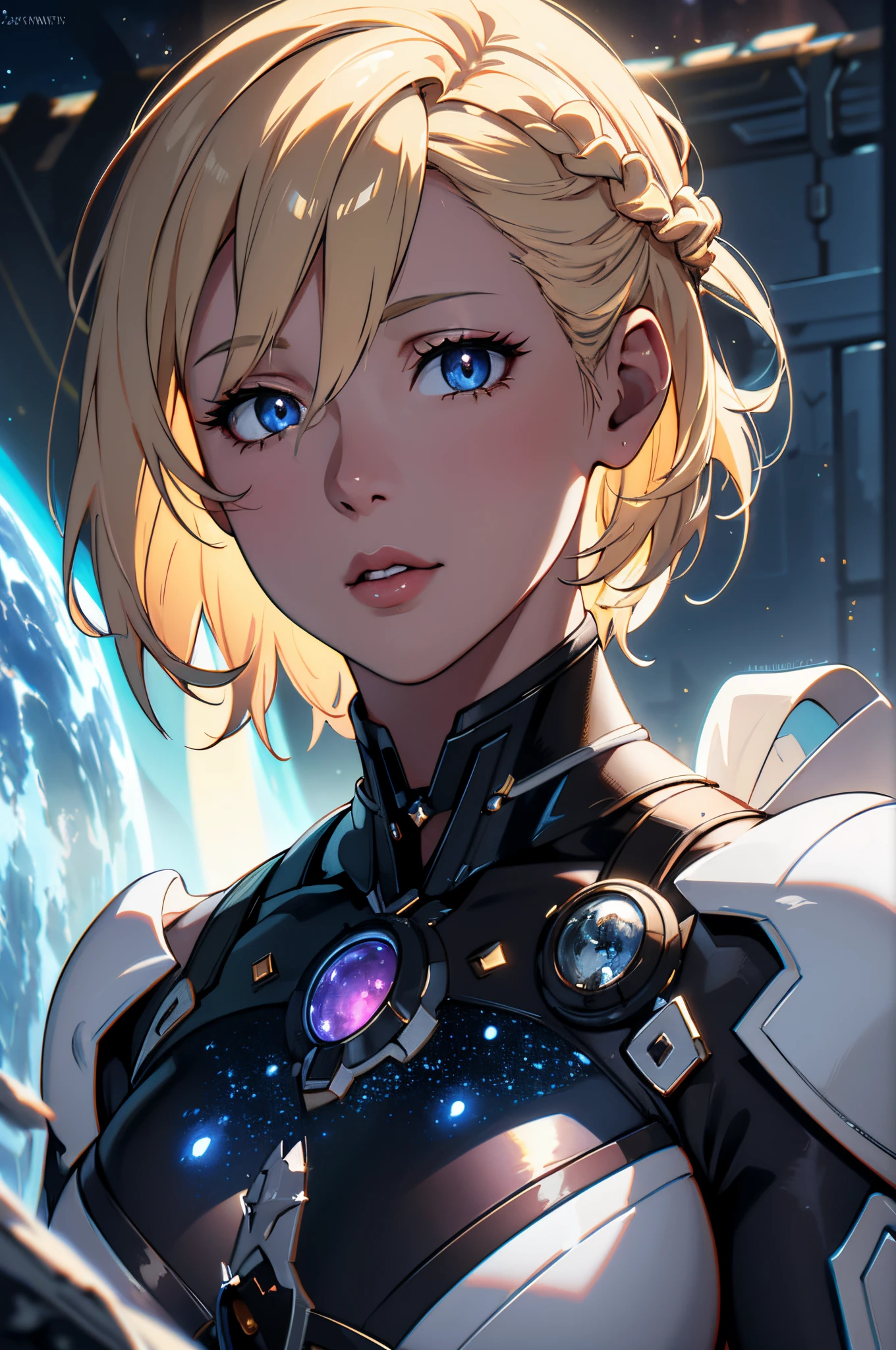 Highly detailed RAW color photo, beautiful young woman, short blonde hair, dynamic pose, (wide hips), (detailed skin), (detailed lips), (detailed eyes), (cosmic: 1.4), (necropolis: 1.1), (science fiction setting) (detailed face), (curvy), detailed eyes, chromatic aberration, depth of field, soft lighting, masterpiece, best quality, intricate, (lens reflection: 0.7), (flowering: 0.7), particle effects, ray tracing, tone mapping, highly detailed, concept art, smooth, sharp focus, dramatic lighting, highly detailed art, cinematic, hyper-realistic painting, trending on Artstation, 8K, amazing shadows, realistic, (highly detailed background: 1.2), mid-journey art