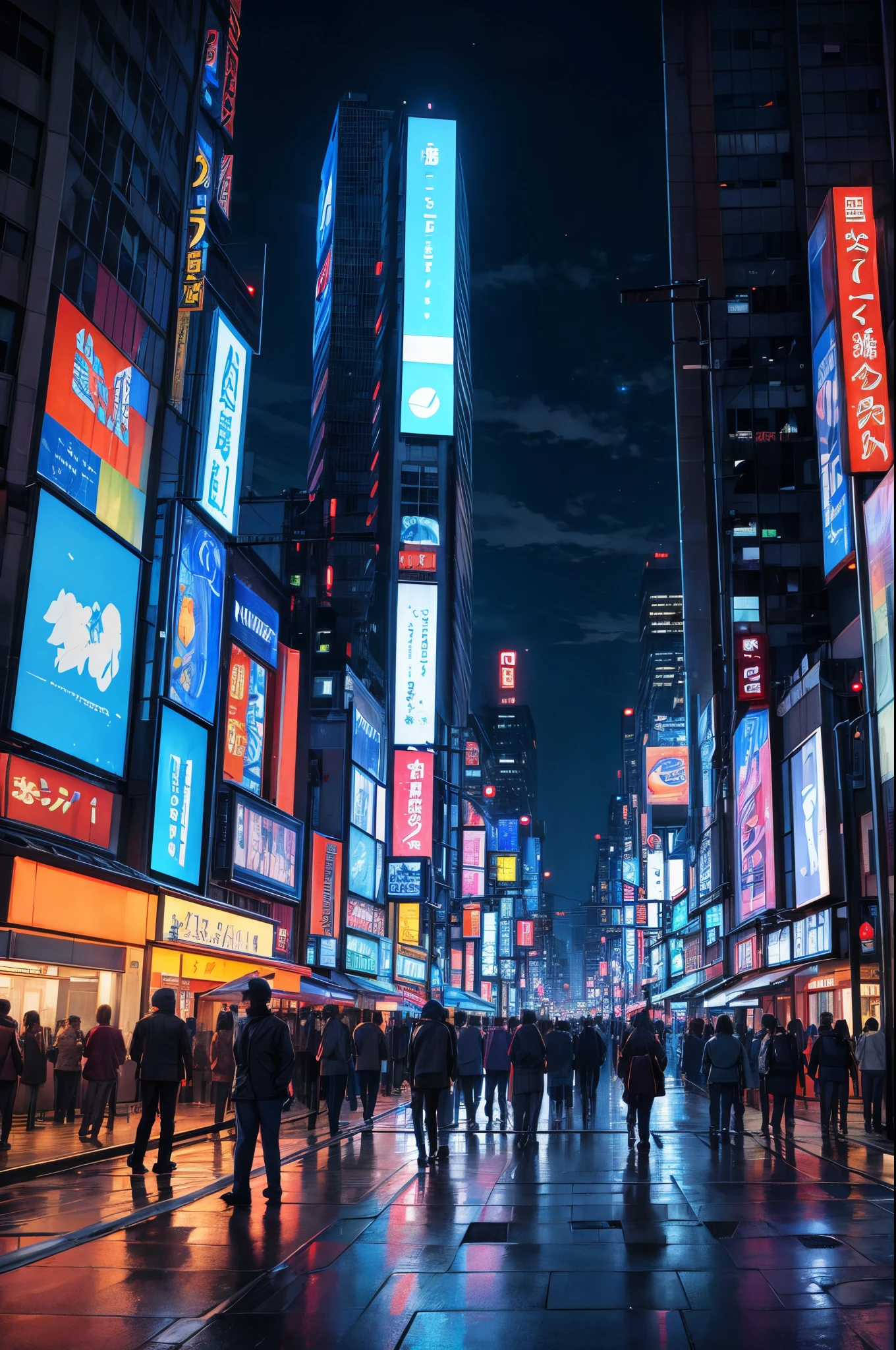 (masterpiece), best quality, [sibuya at night, tokyo,: a cyberpunk city,:] a gorgeous landscape,bilboards, wires, poles,, gorgeous clouds, night, tall buildings, skycreepers, modern city, dynamic angle, depth, beautiful buildings, birdges, kiminonawa style, makoto shinkay, golden light,  led buildings, blue buildings,  street, the neon glow contrast with the dark night, a modern vibe, the controled chaos on the everday life of a city, chaotic, a intricate visual mastterpiece, beauty on the details, dark atmosphere, energetic, 4k, UHD, profesional image