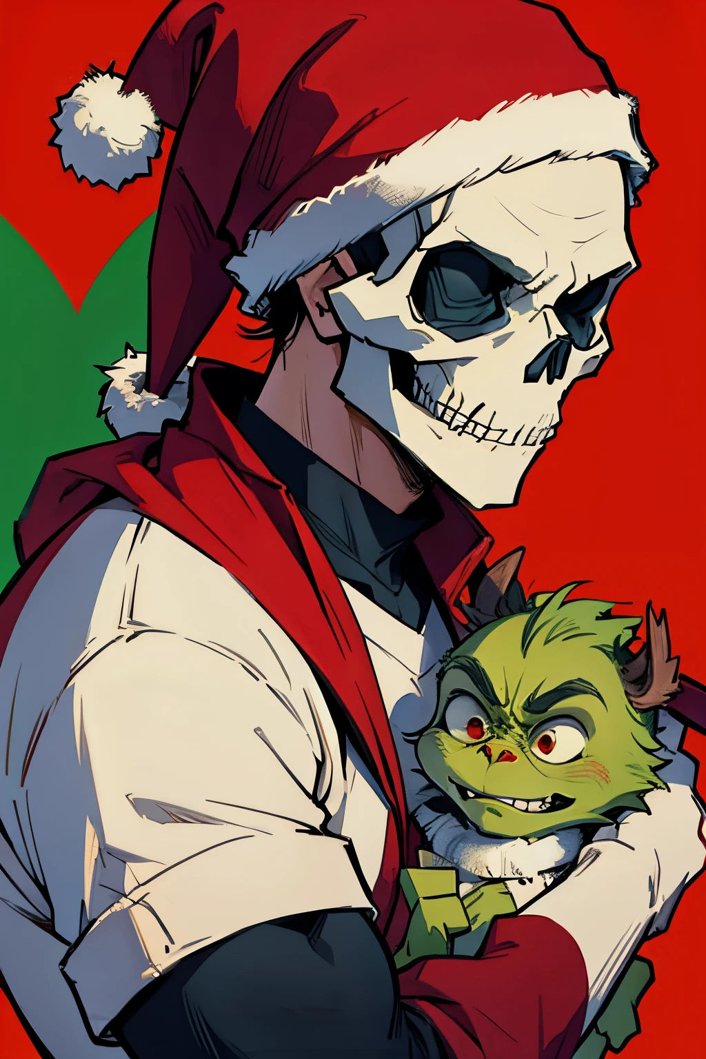 Grinch with skull face, Christmas outfit, red and white