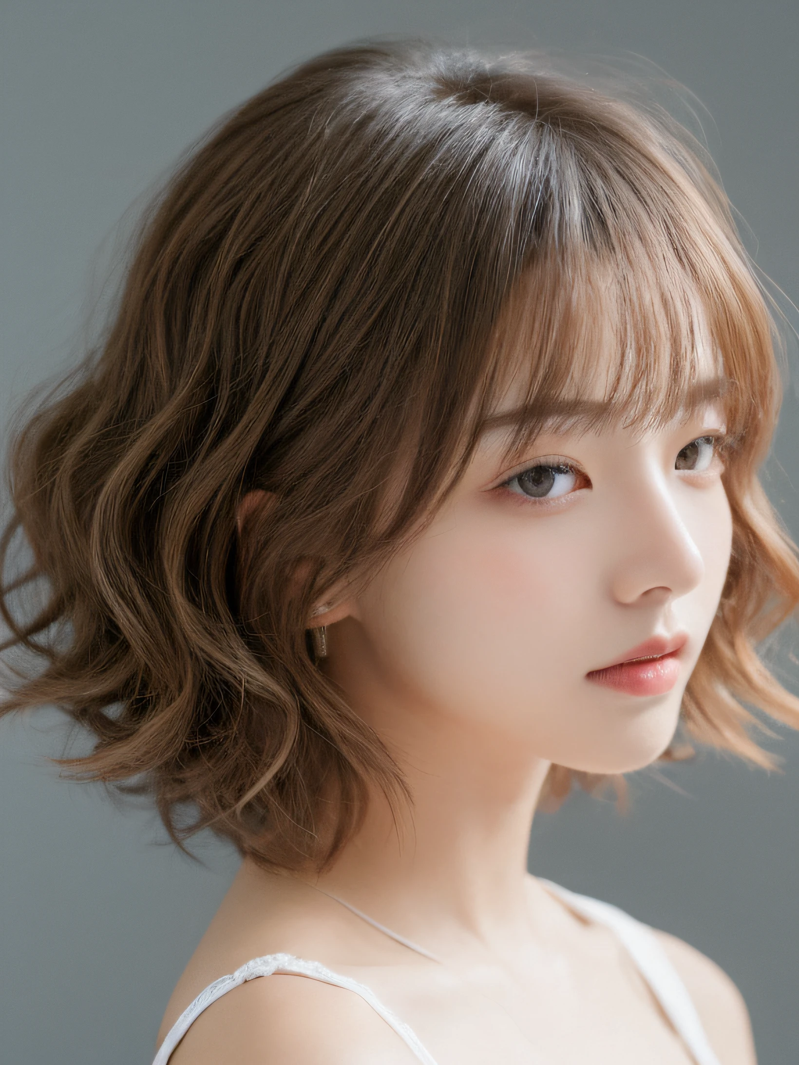 white backgrounid,short and wavy hair