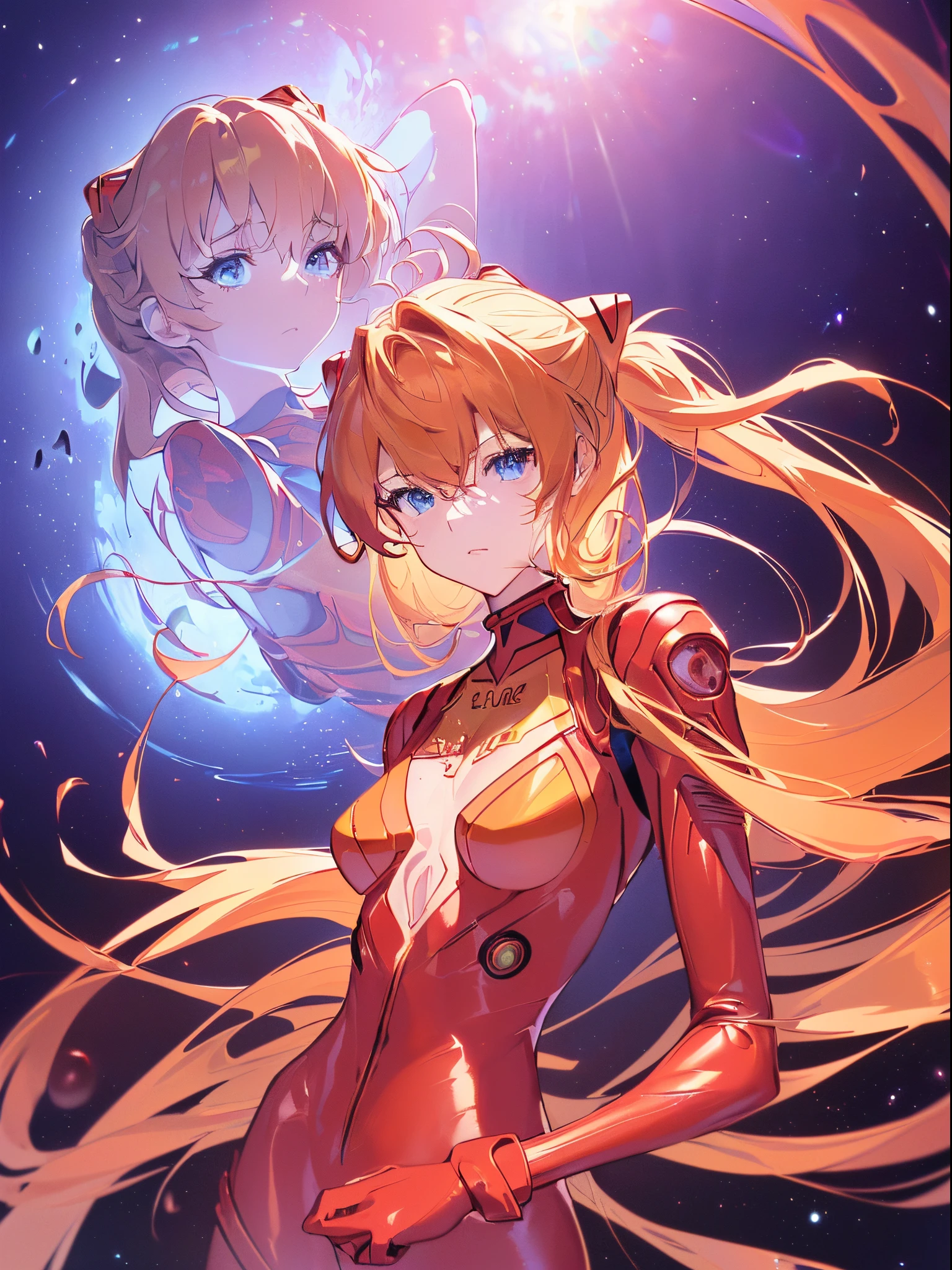 ((Souryu Asuka Langley, Interface headset, Red bodysuit:1.4, Blonde)),爆乳,(Beautiful and detailed eyes:1.1),(deadpan,Closed mouth),(Standing), 1girl in,Solo,(masutepiece,Best Quality, Official art,Aim for an audience, Beautiful and aesthetic:1.2),(超A high resolution,spirals, Golden ratio, (4K), See from above,((On the earth)),((in the space)),floating,good lighting, (Photon mapping, Radio City, Physically-based rendering,Automatic White Balance), technological sense,amazing,Sharp Focus,Rich background, (((High detailed skin,)))Dynamic lighting,intricate detailed outfit,Glowing eyes,Watery eyes,(masterpiece sidelighting),(a beauty girl,The sheen),[[Delicate fingers and hands:0.55]::0.85],(Detail fingers),((((SLR camera lens in the eye,Ultra Photographic Quality,Fisheye,ultra wide-angle)))),((unbelievable Ridiculous)),Micro Shot,((extremely_Detailed_Eyes_And_Face)),(disheveled hair),darkness,Film Girl