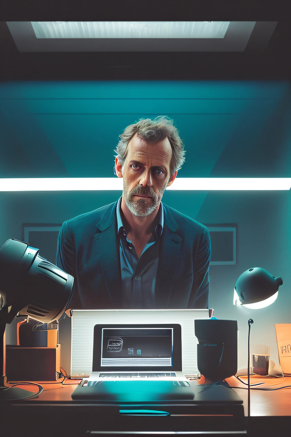 Image of an award-winning portrait of Hugh Laurie in a dark studio, (Rim Lighting,:1.4) two tone lighting, sharp focus, Turquoise, octane, Unreal, dimly lit, low key, Light saturation,Get to know the students, brightening light, bright colours