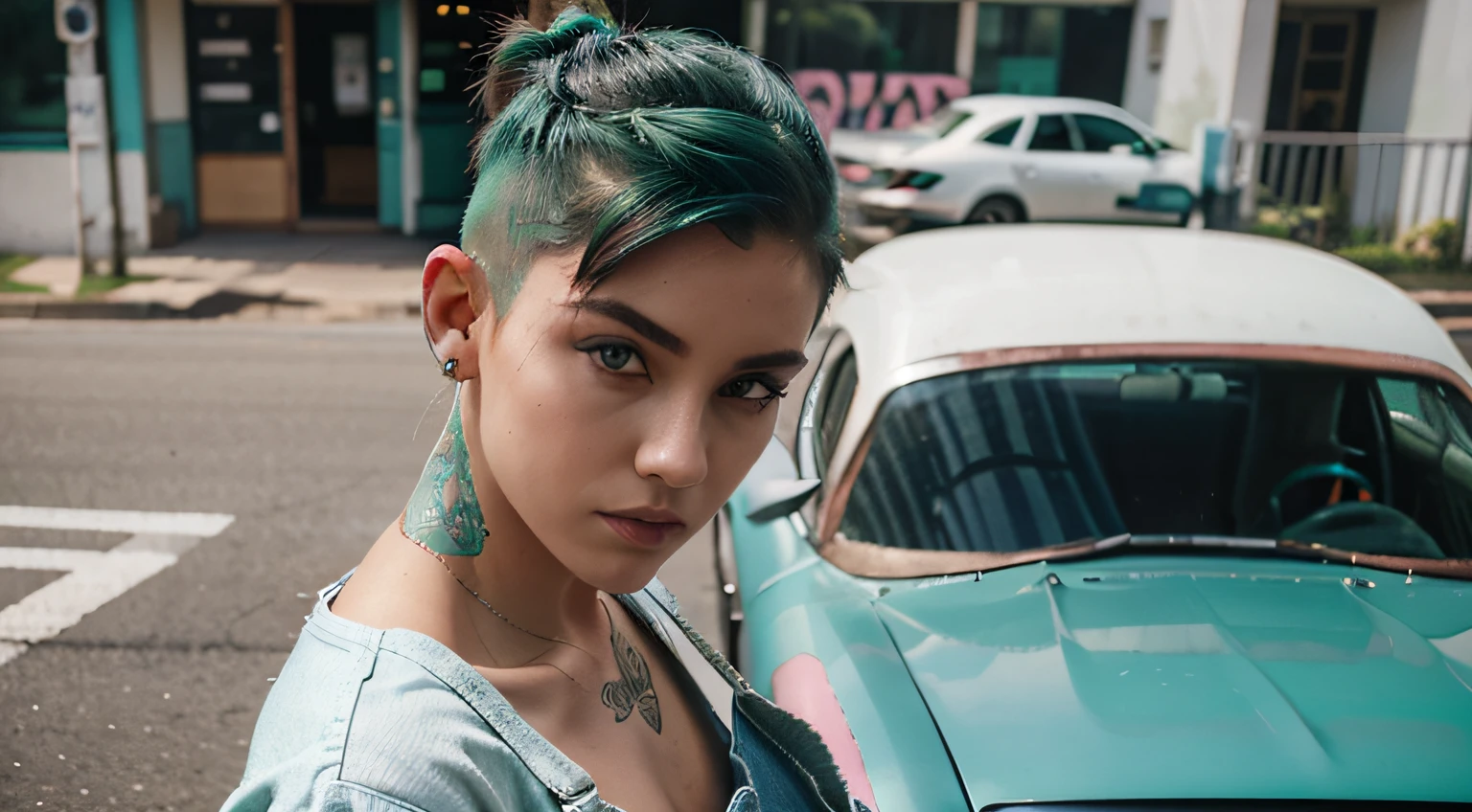perfect girl looking at camera looking sexy, cabelo com corte undercut verde e rosa, Cyberpunk, wearing denim overalls and a torn white t-shirt, tattoo with roses and number 13, fora de um carro porshe 70s cor preto