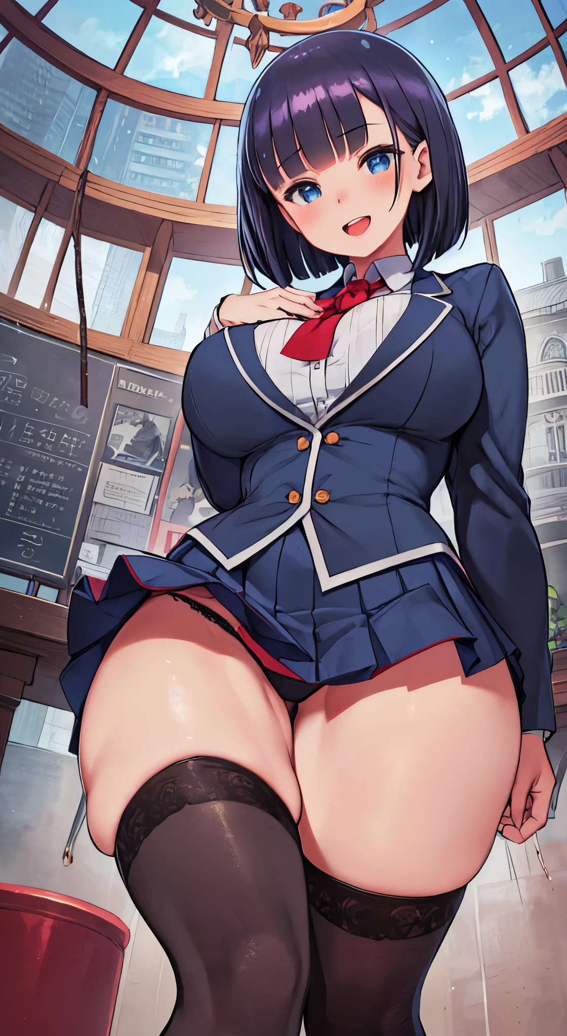 (( 1girl in)), NSFW、blush,well-muscled、Dark blue hair、Blue eyes、(((large full breasts)))、((big butts))、(((thick thighs)))、Sweat、:D、Short hair、bob cuts、Blunt bangs、School uniform、Red mini skirt、Blue jacket、Blackknee Socks、White lace panties、sports ground、From below、((Panchira))