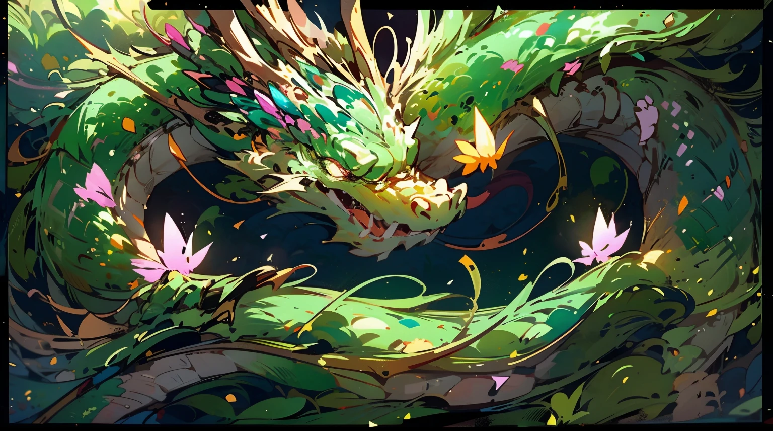 hyper-detailing, A high resolution, ultra - detailed, Best quality at best, Amazing Cleavage, top-quality, Extremely detailed comic style unified 8k wallpaper, 电影灯光,，A dragon with yellow and green colors，Looking ahead from the dragon&#39;s head perspective，Faucet with close-up，Spread huge claws，Long mouth showing teeth，There are some huge branches scattered around，There are some glowing butterflies around，There are leaves falling